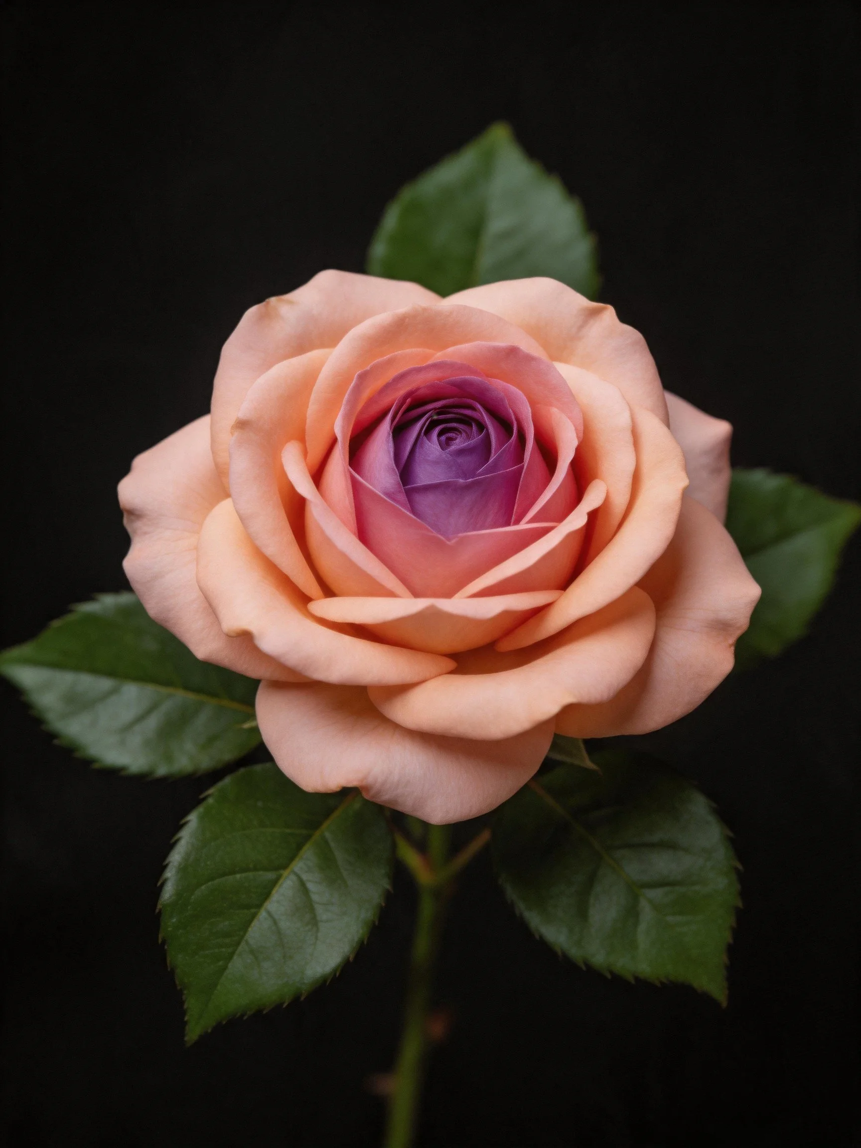 A peach rose with purple center and dark green leaves on black