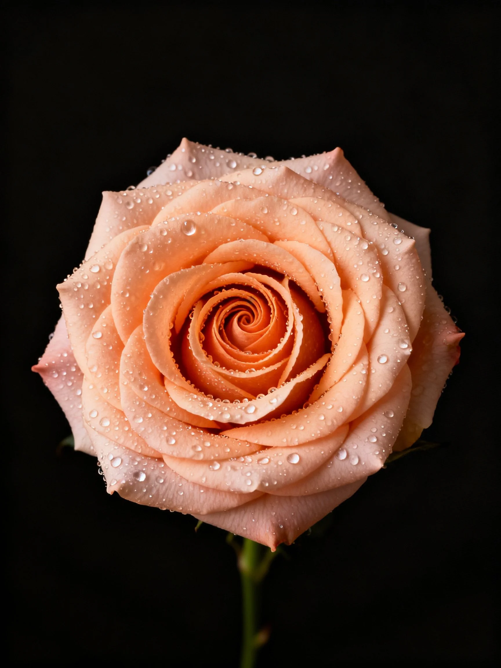 A peach rose with water droplets on a black backdrop