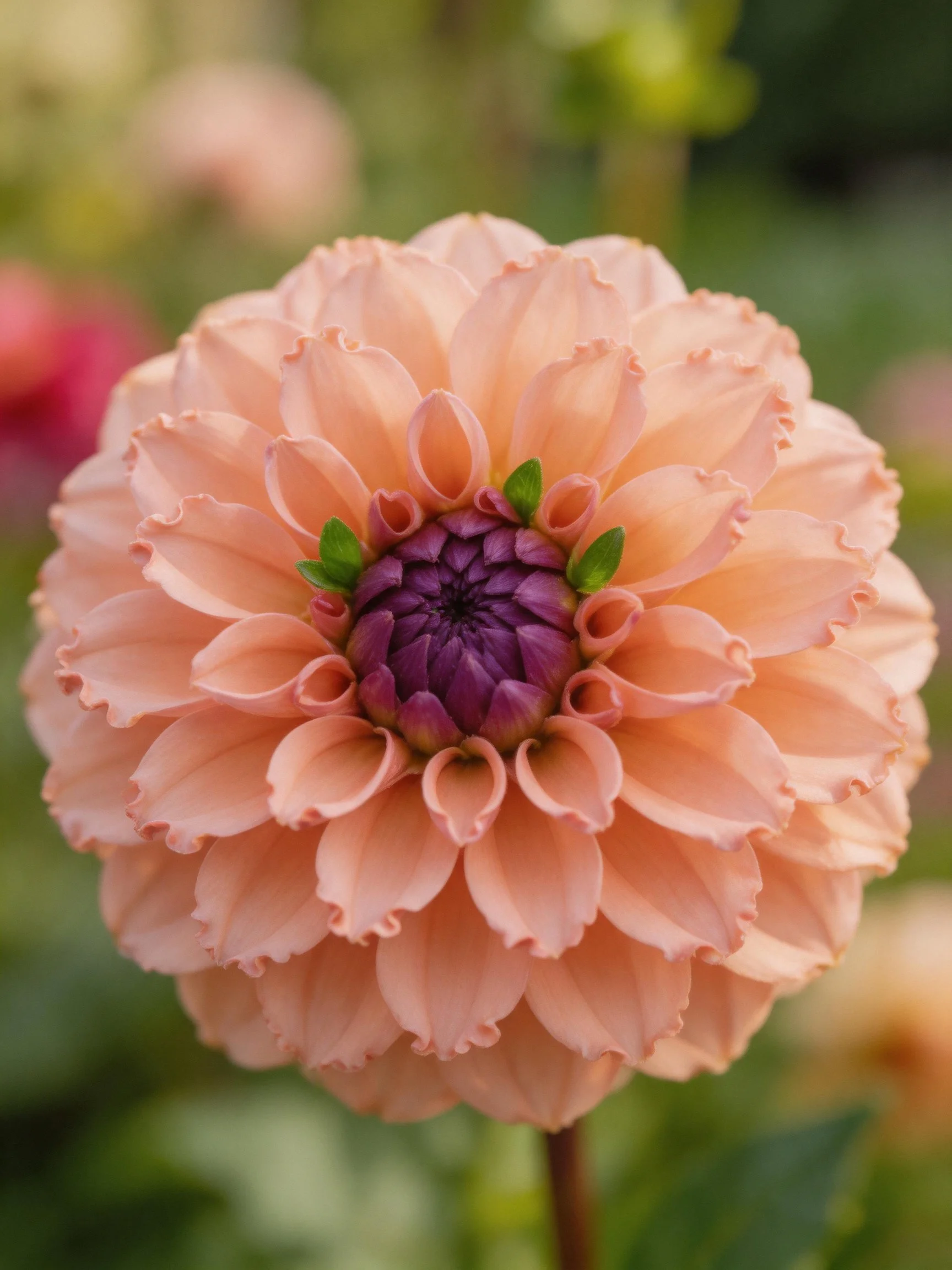 A peach-toned dahlia with layered petals and a purple center