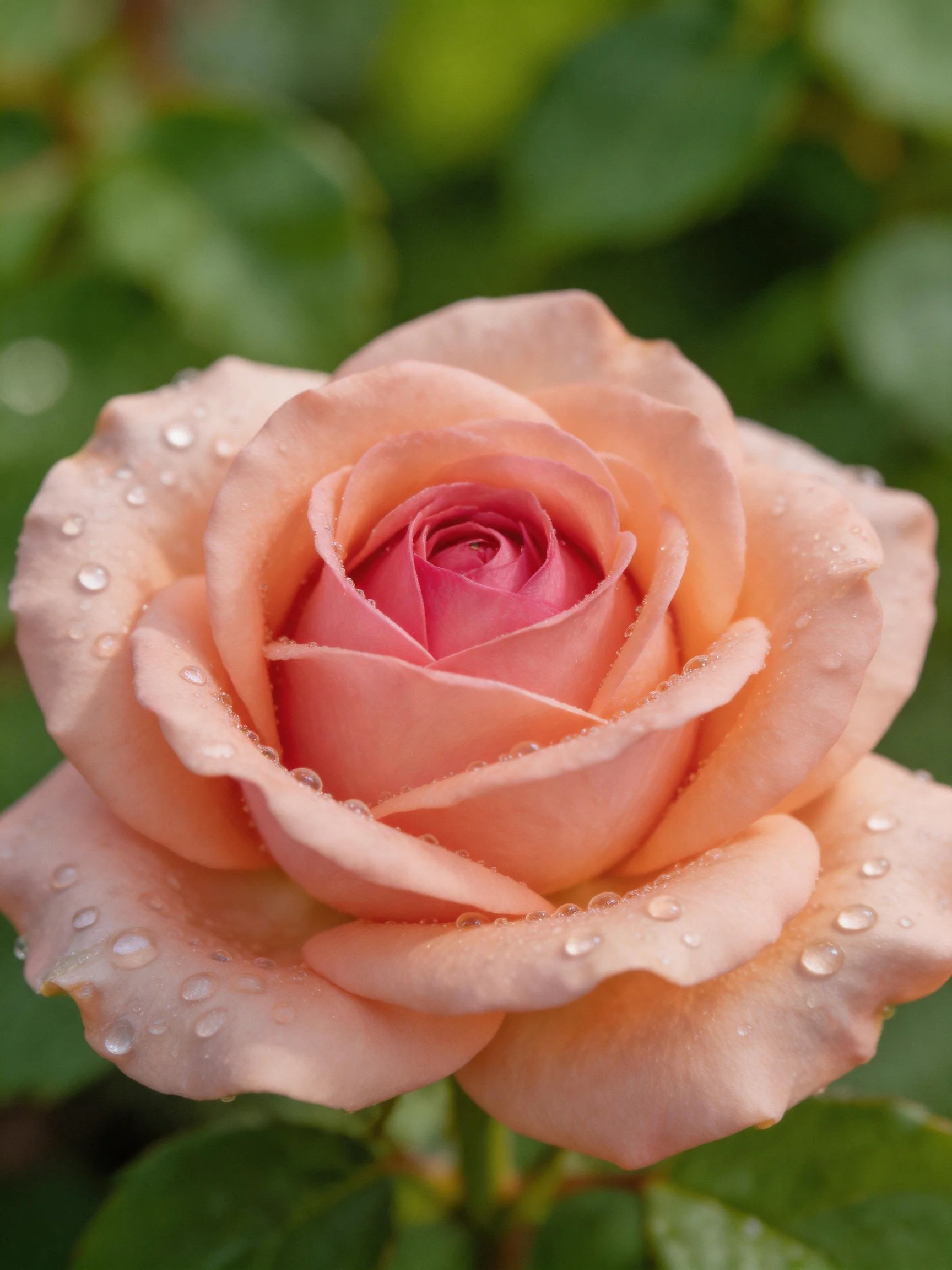 A peach-toned rose adorned with dew drops, close-up view