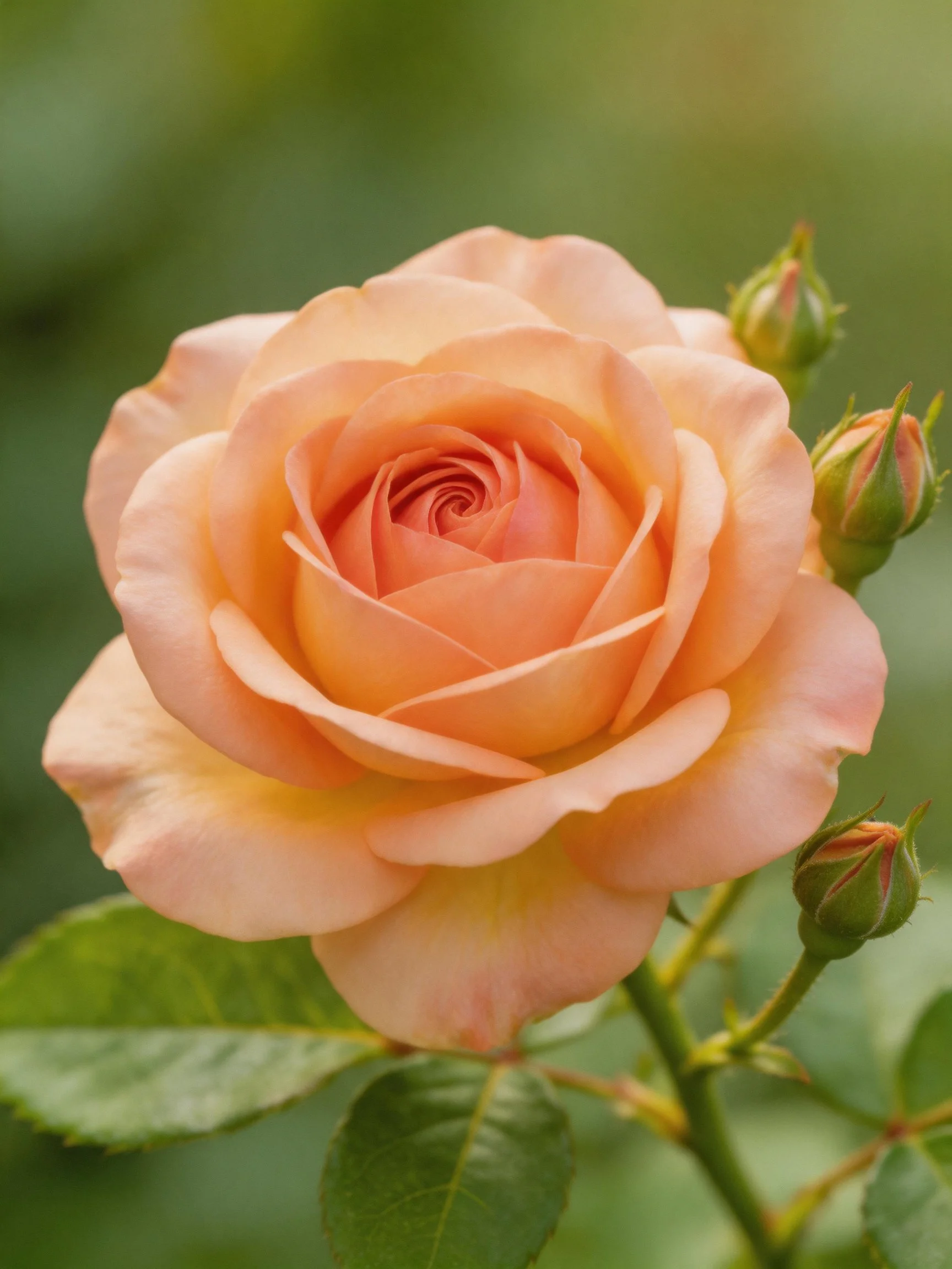 A peach-toned rose in full bloom near closed flower buds