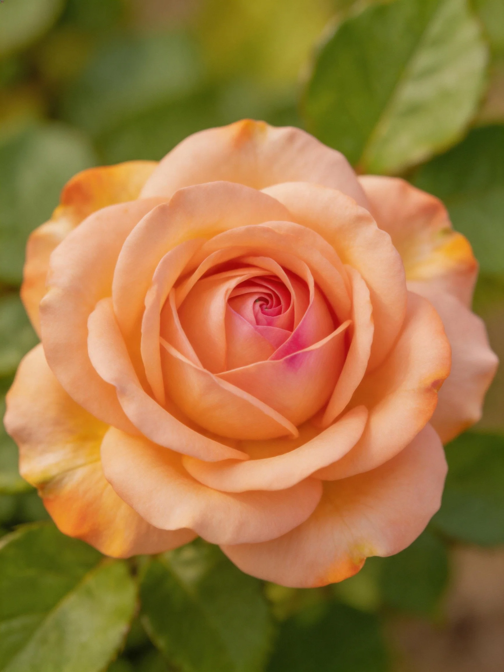 A peach-toned rose with layered petals and green leaves