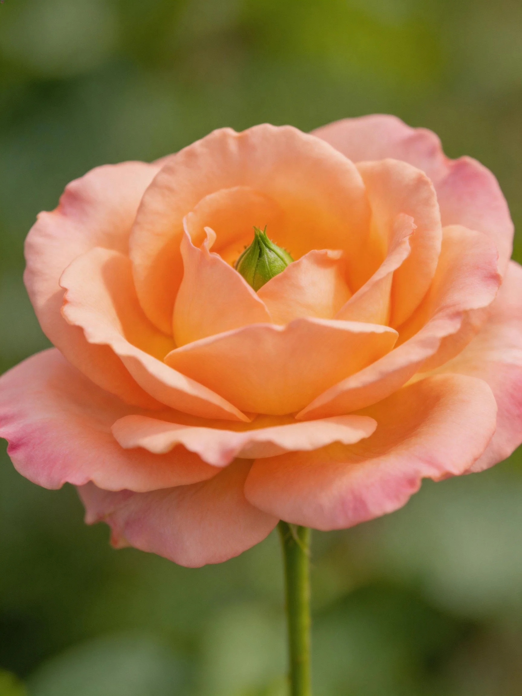 A peach-toned rose with layered petals and pink edges