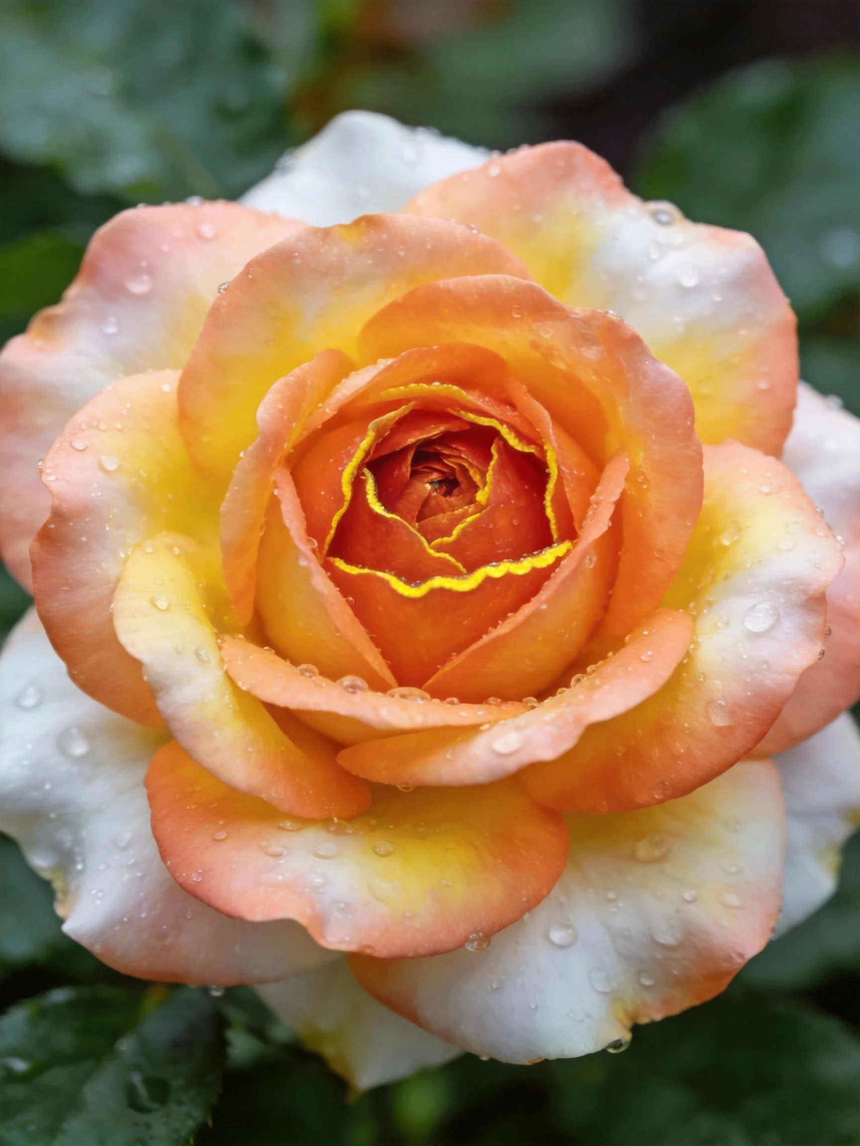A peach, yellow, and white rose with water droplets on petals