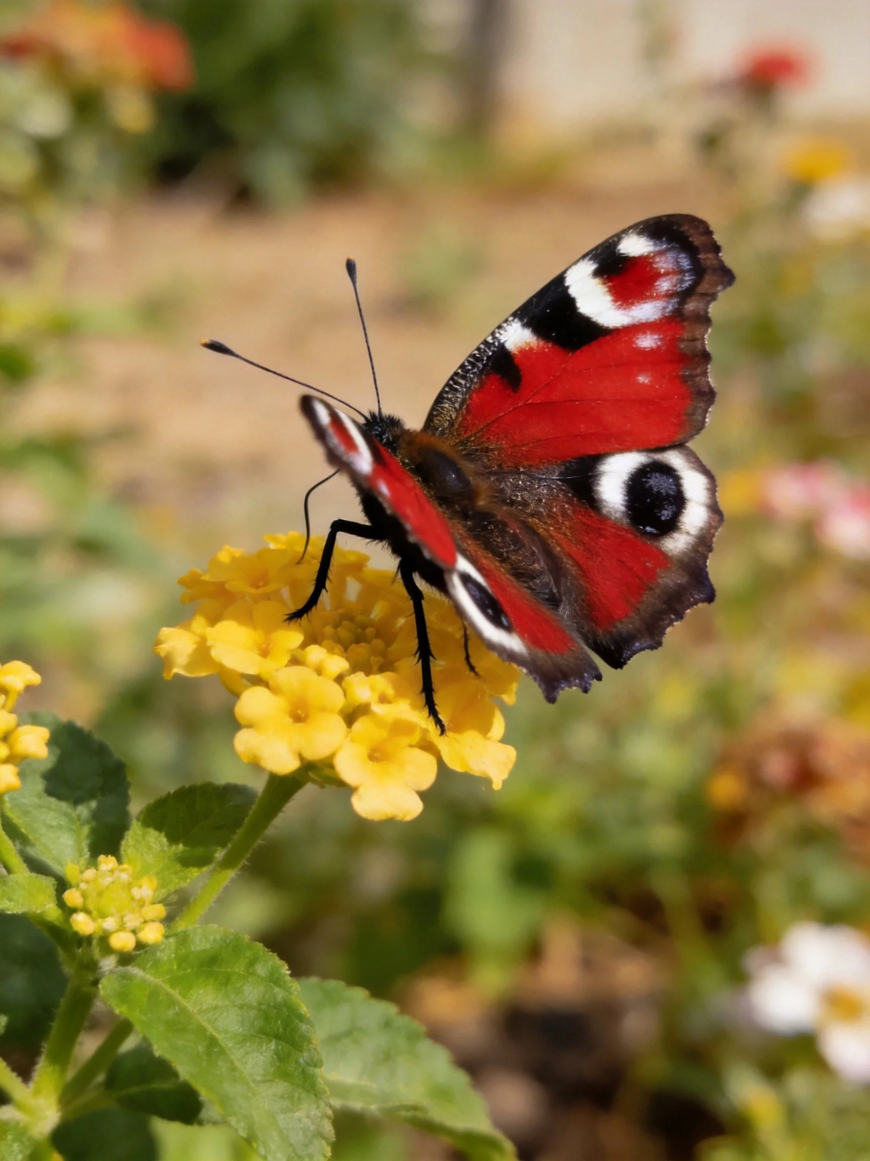 A peacock butterfly with red, black, and white wings on yellow flowers