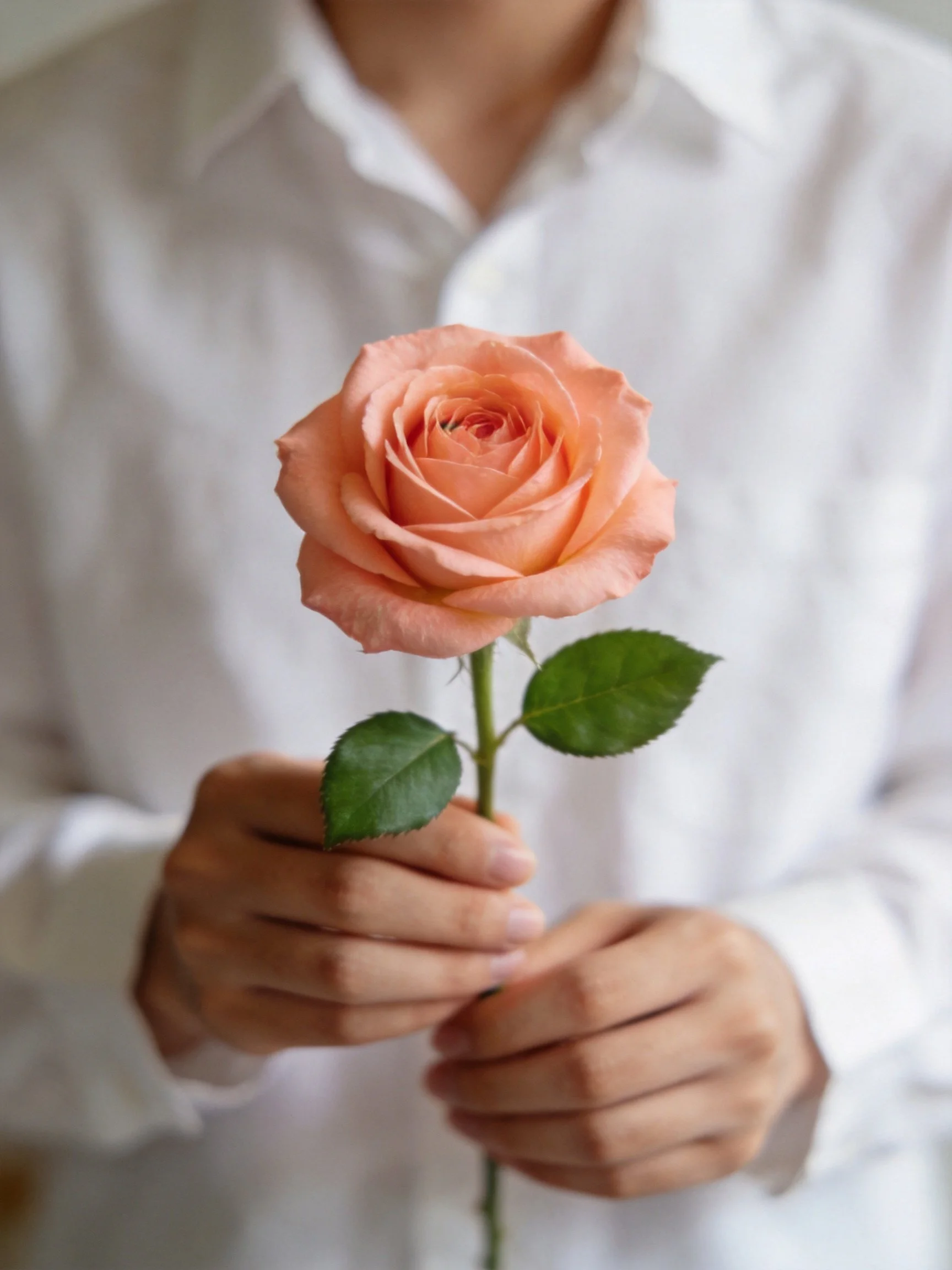 A person holding a peach-colored rose with green leaves
