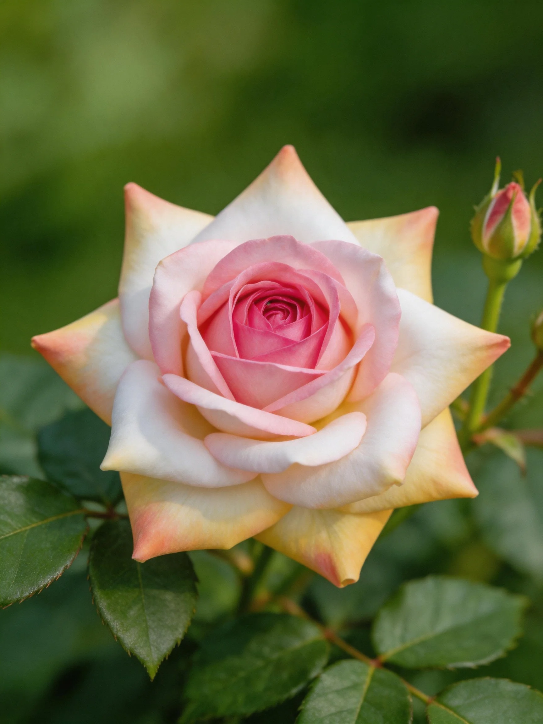 A pink and cream rose in full bloom near a closed bud with green leaves