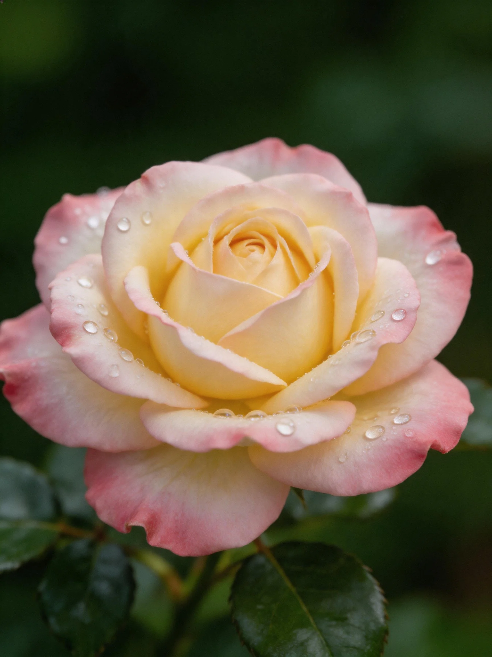 A pink and cream rose with water droplets