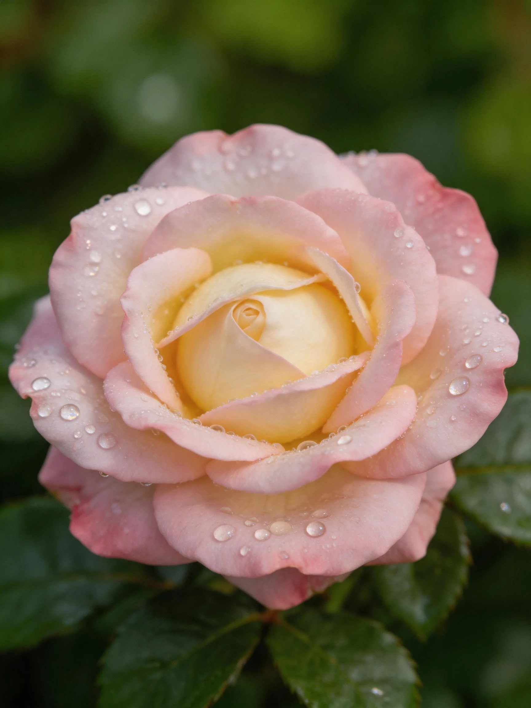 A pink and cream rose with water droplets on petals
