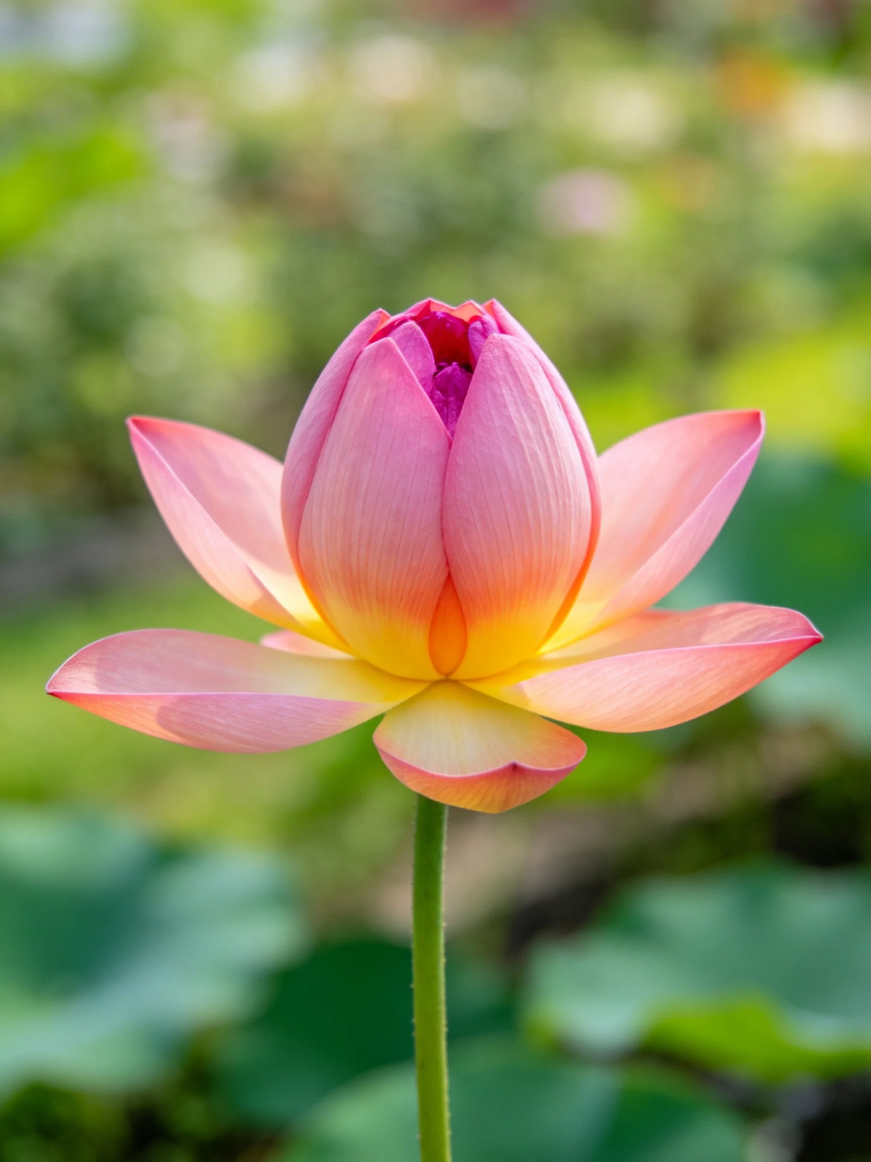 A pink and golden lotus bud with green foliage