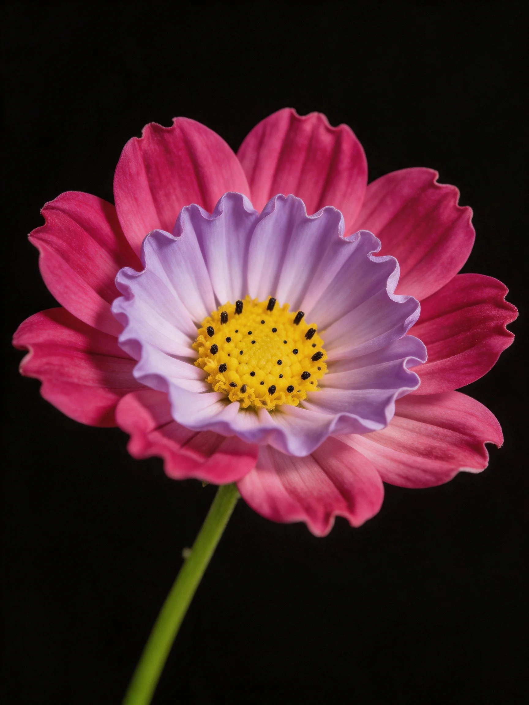 A pink and lavender cosmos flower with a yellow center