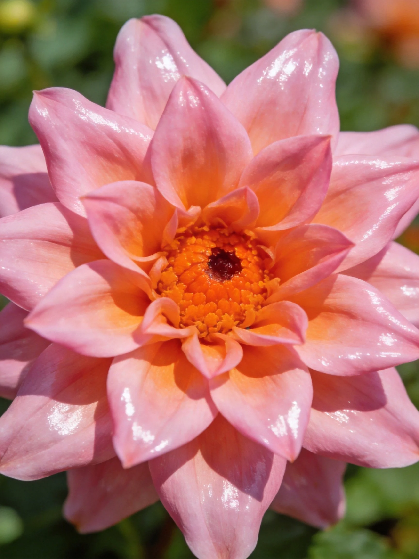 A pink and orange dahlia with glossy petals