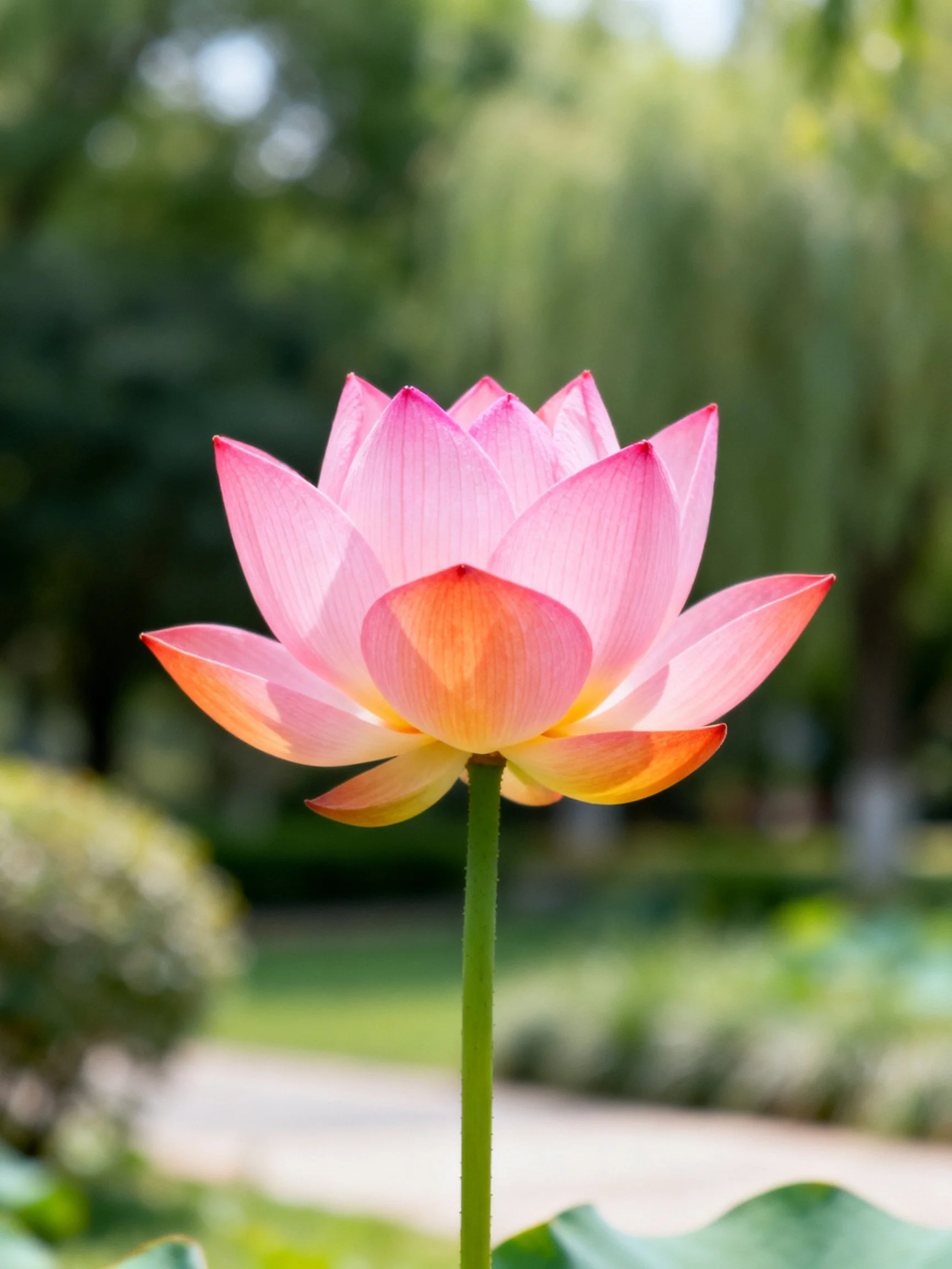 A pink and orange lotus flower standing tall in a green garden