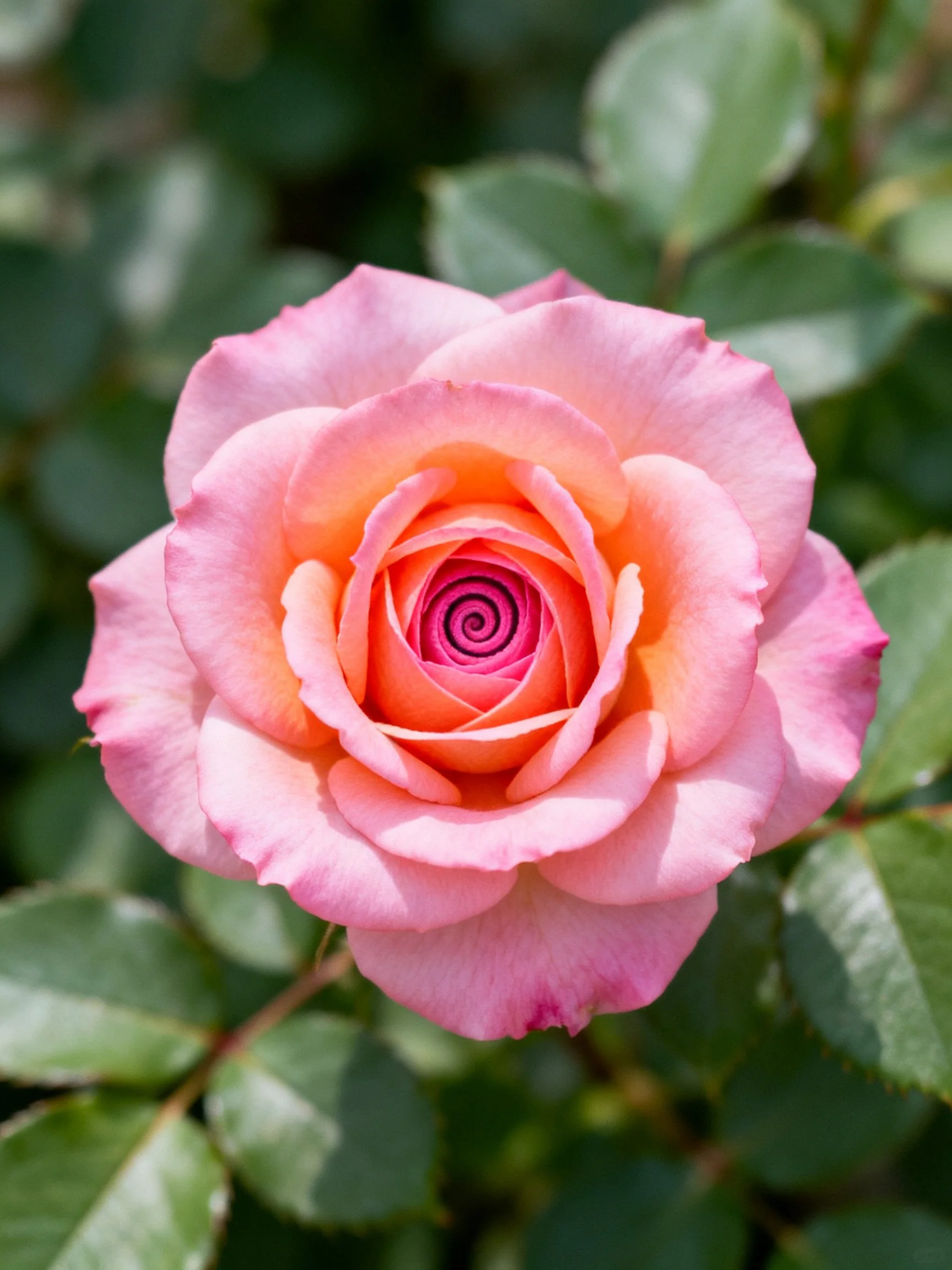 A pink and orange rose with a spiral center amid green foliage