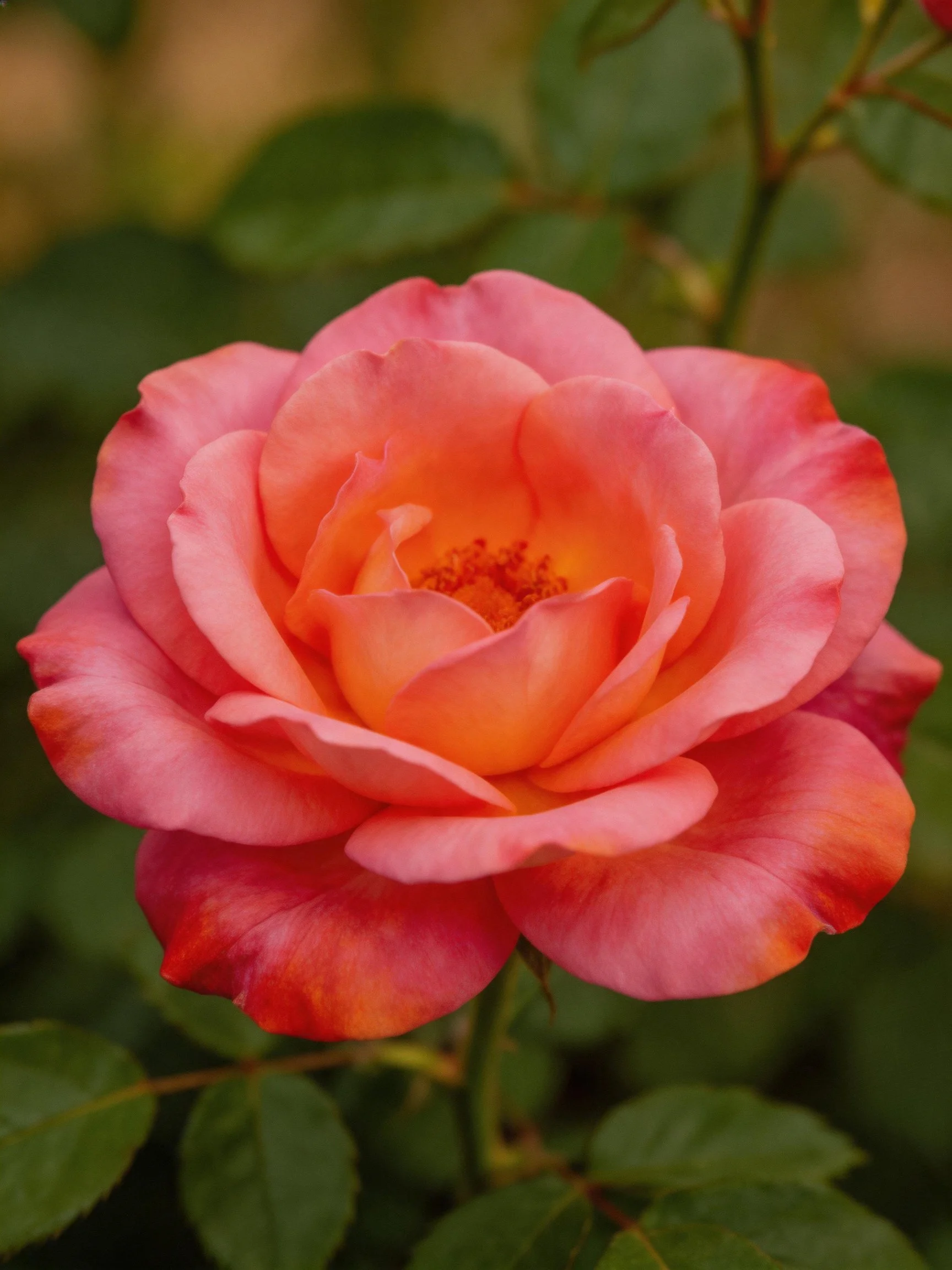 A pink and orange rose with layered petals and green leaves