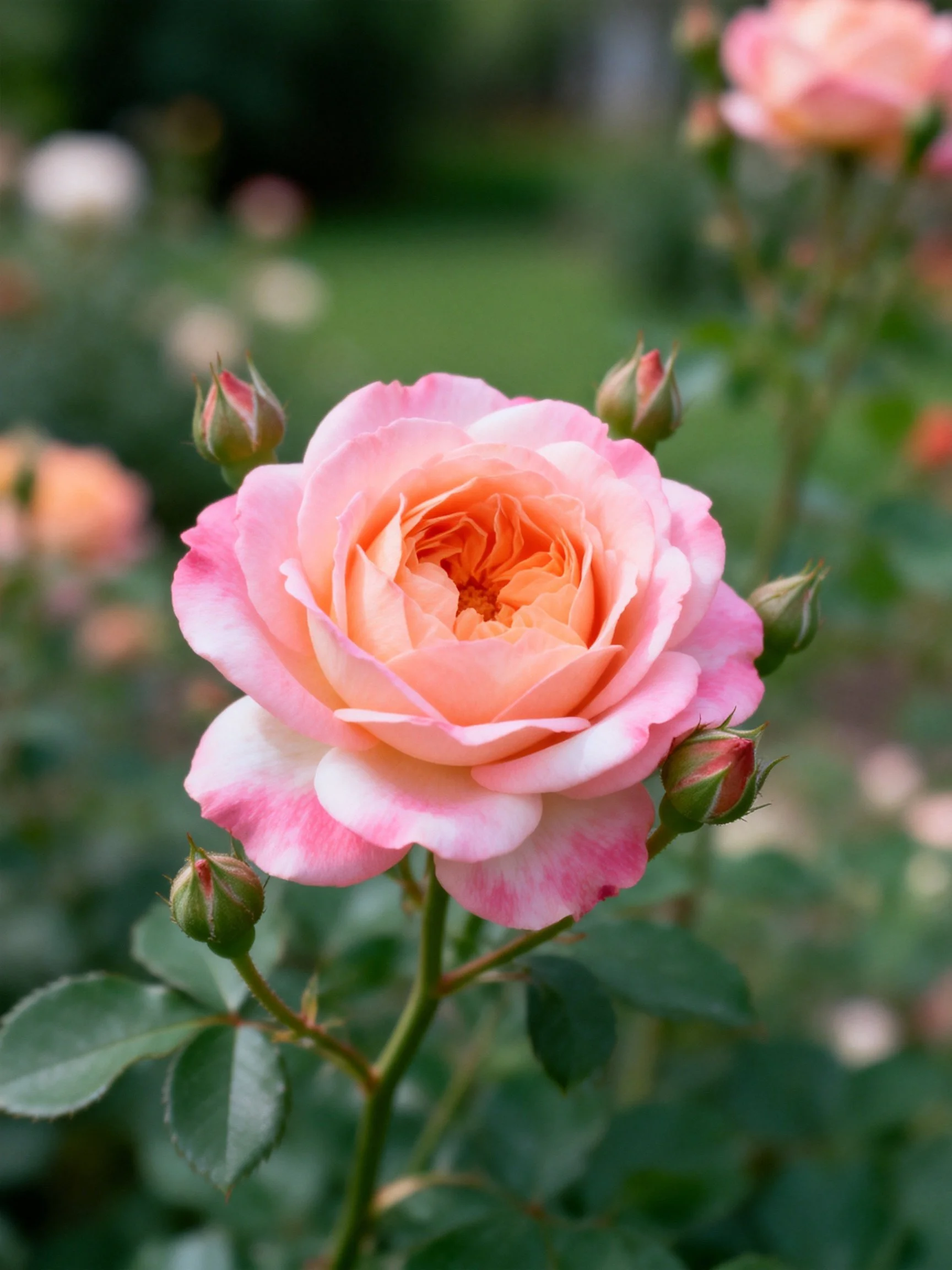 A pink and peach rose blooms among green buds and leaves