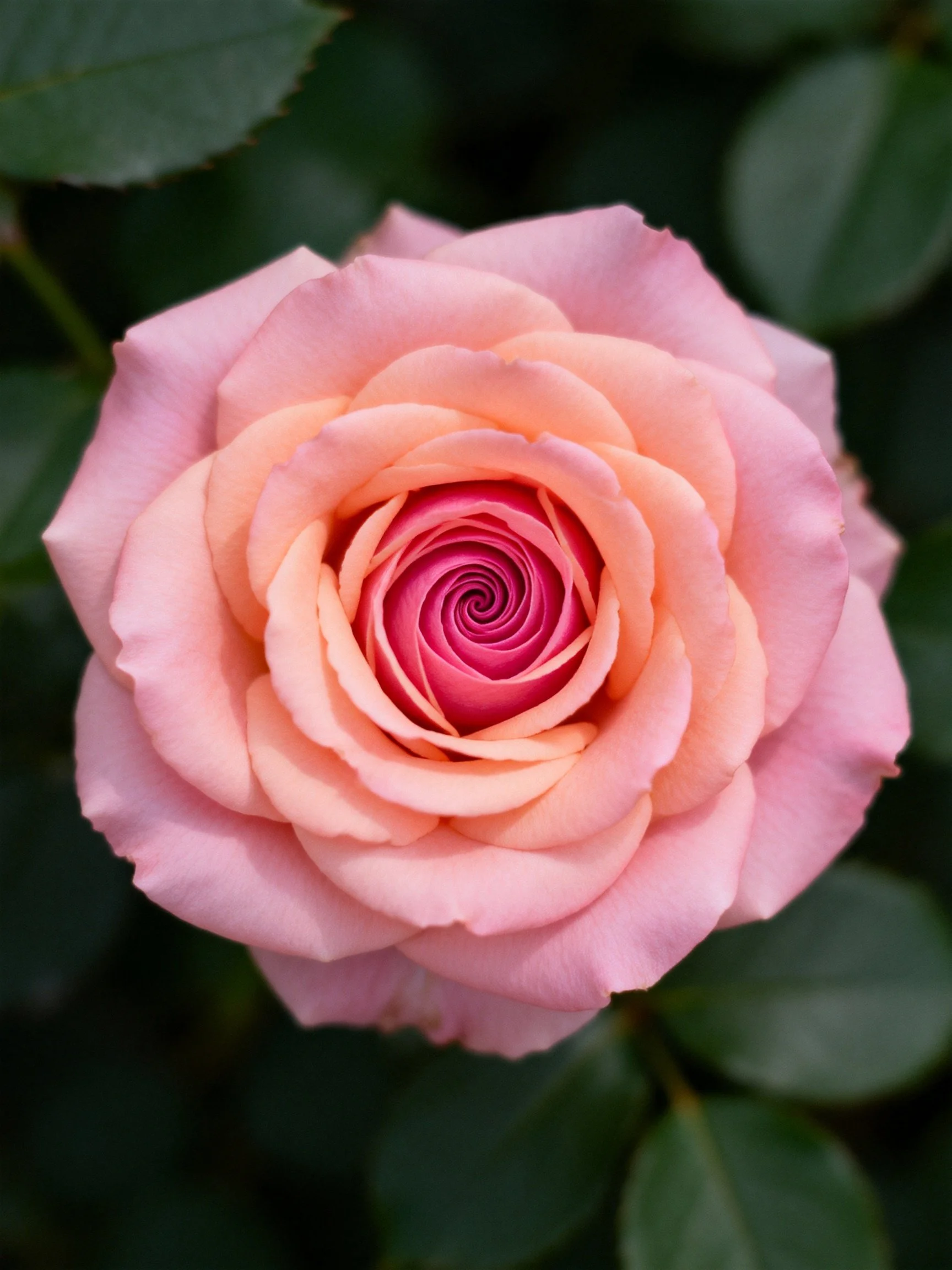 A pink and peach rose with layered petals spiraling inward