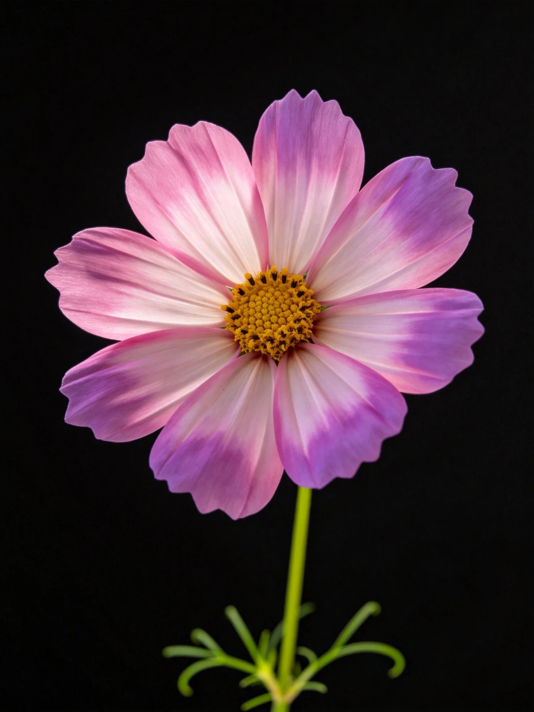 A pink and purple cosmos flower with a yellow center