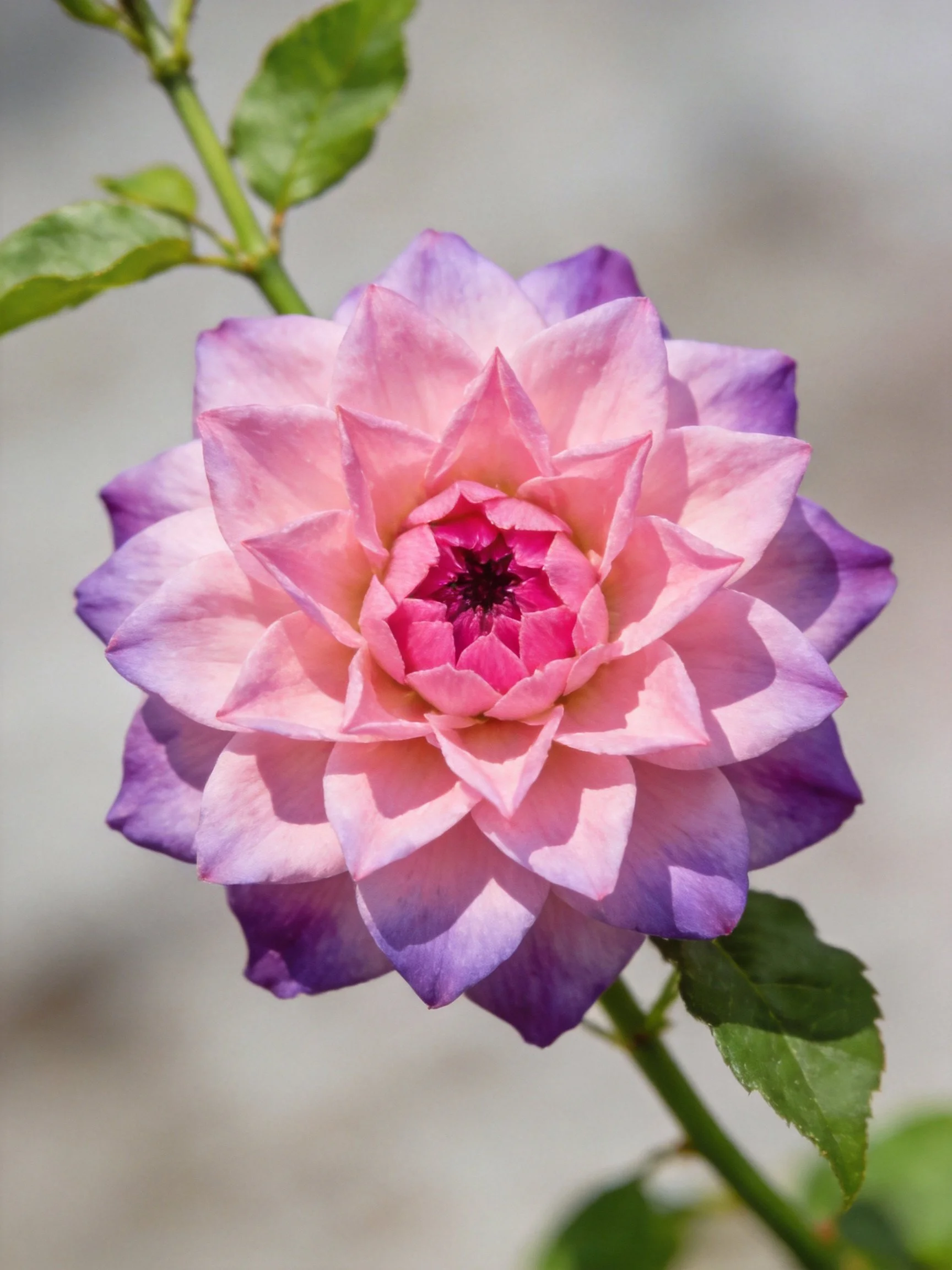 A pink and purple layered rose with green leaves