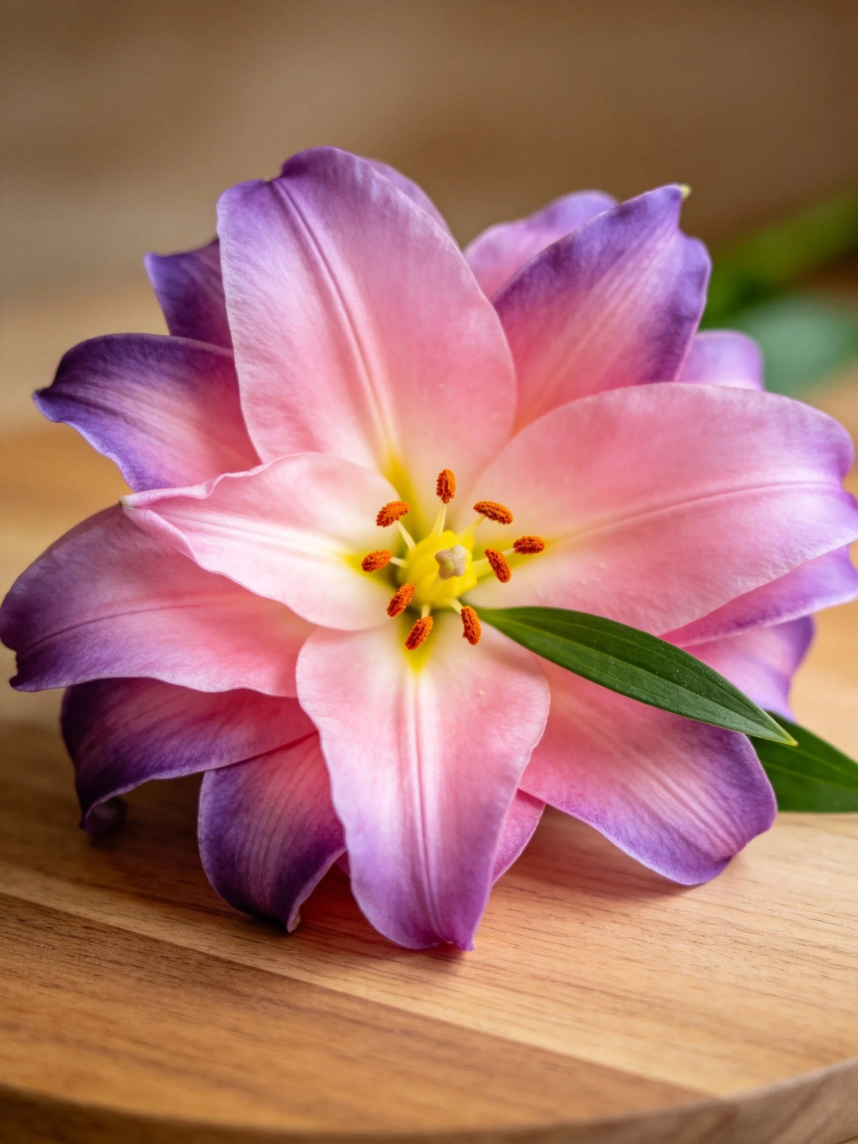 A pink and purple lily with yellow center on wooden surface