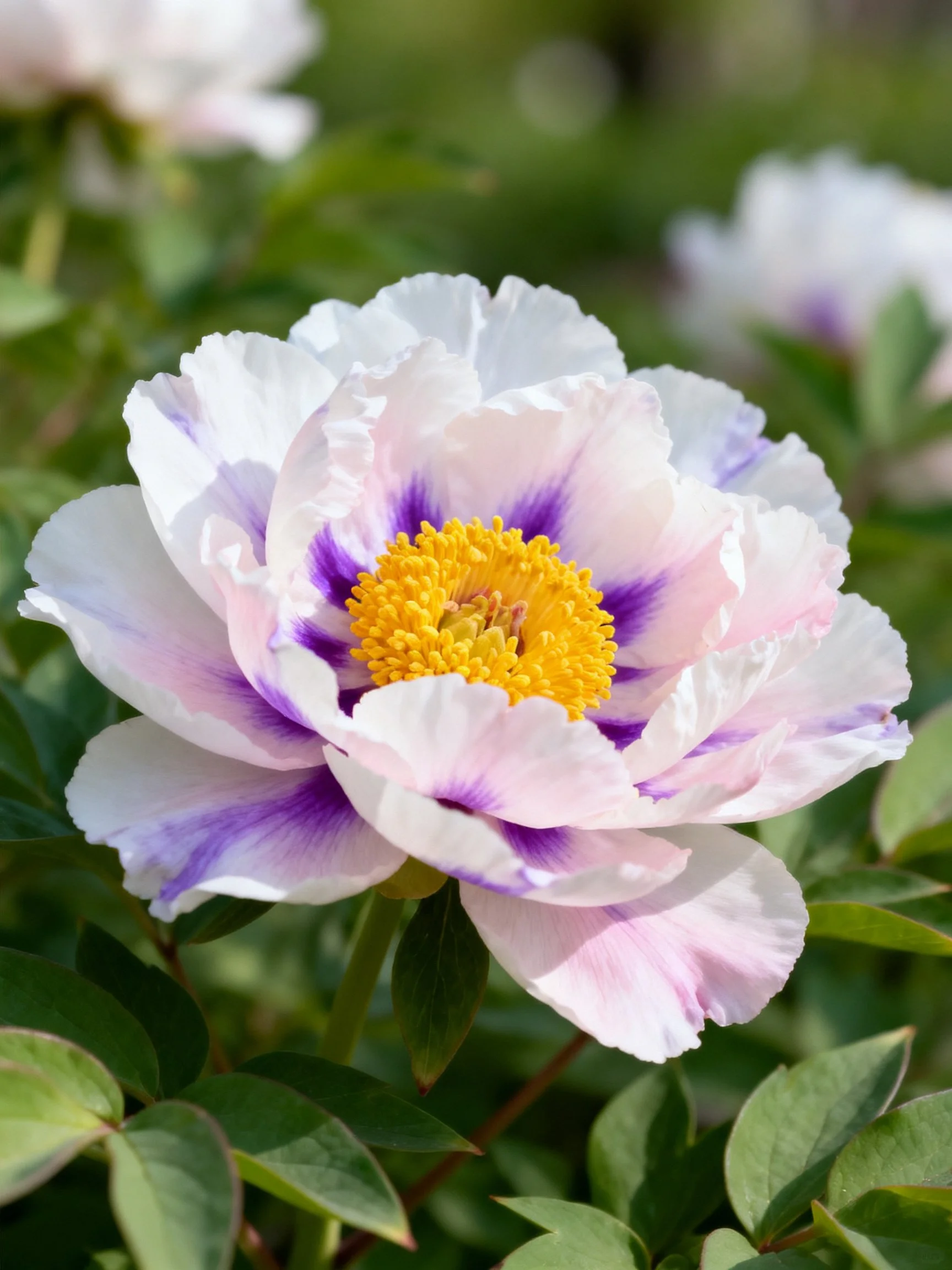 A pink and purple peony with layered petals and golden center
