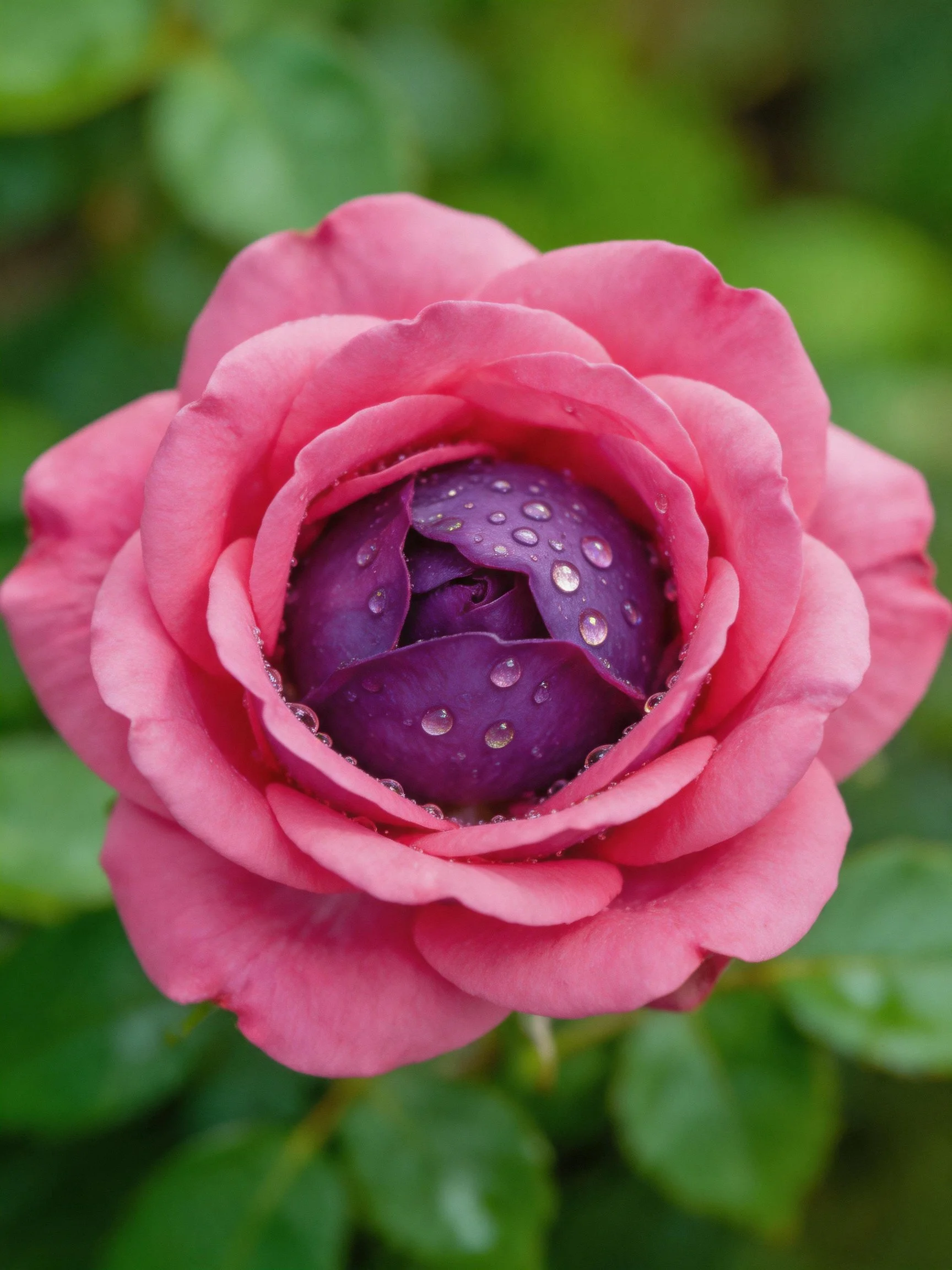 A pink and purple rose with glistening water droplets
