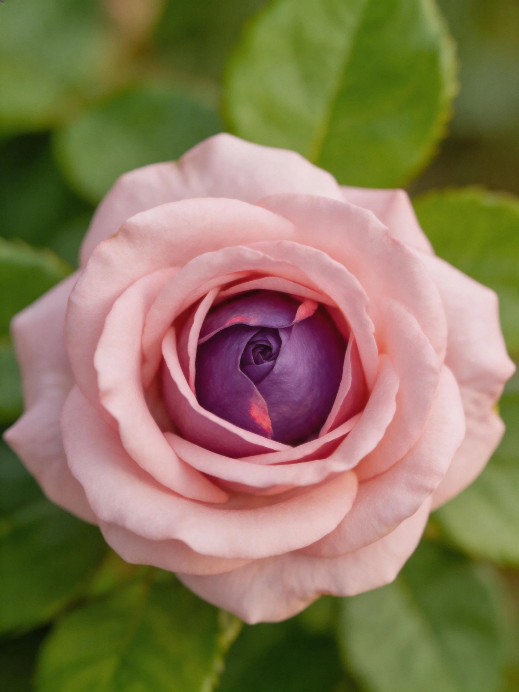 A pink and purple rose with green foliage