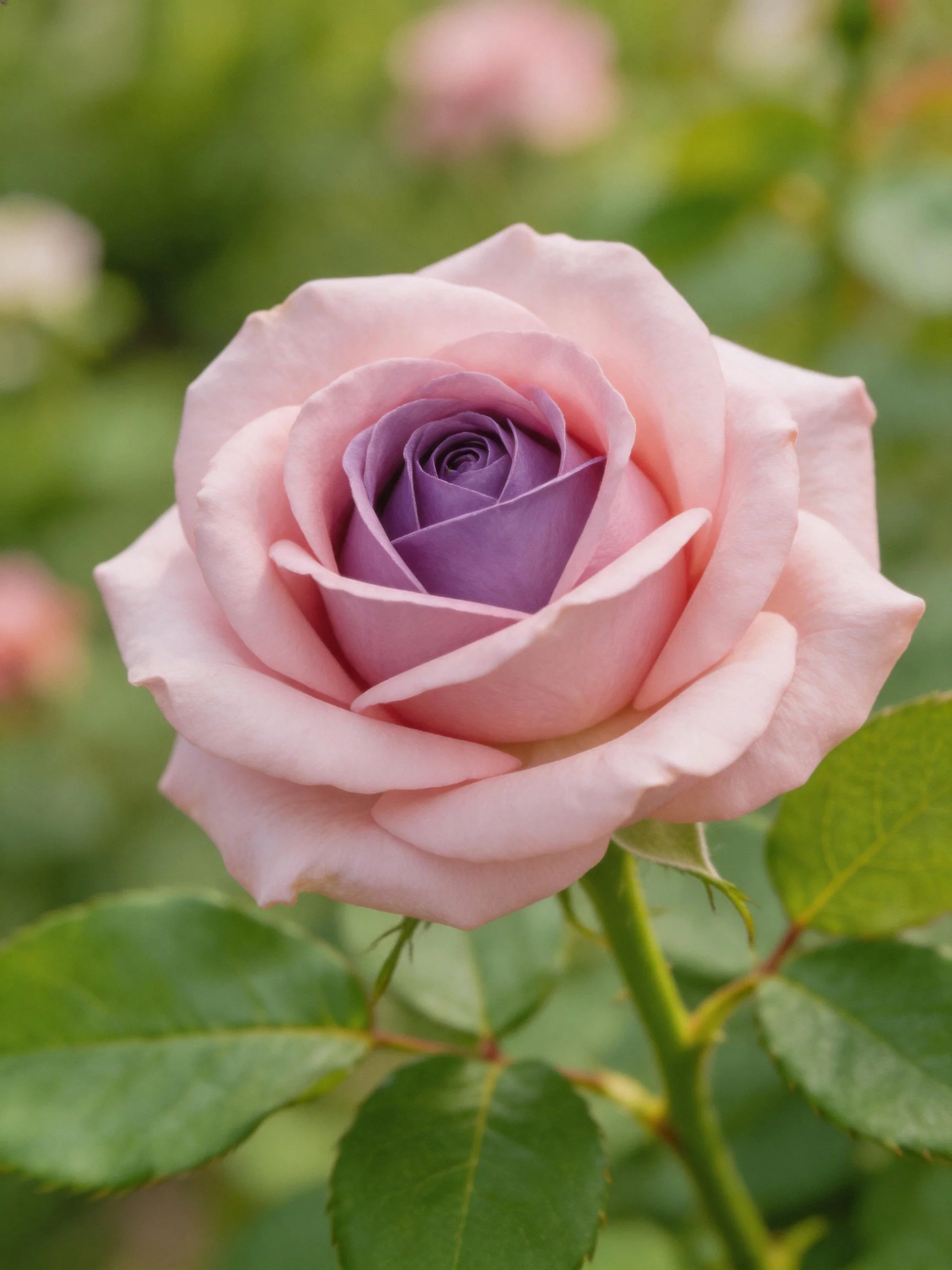 A pink and purple rose with green leaves