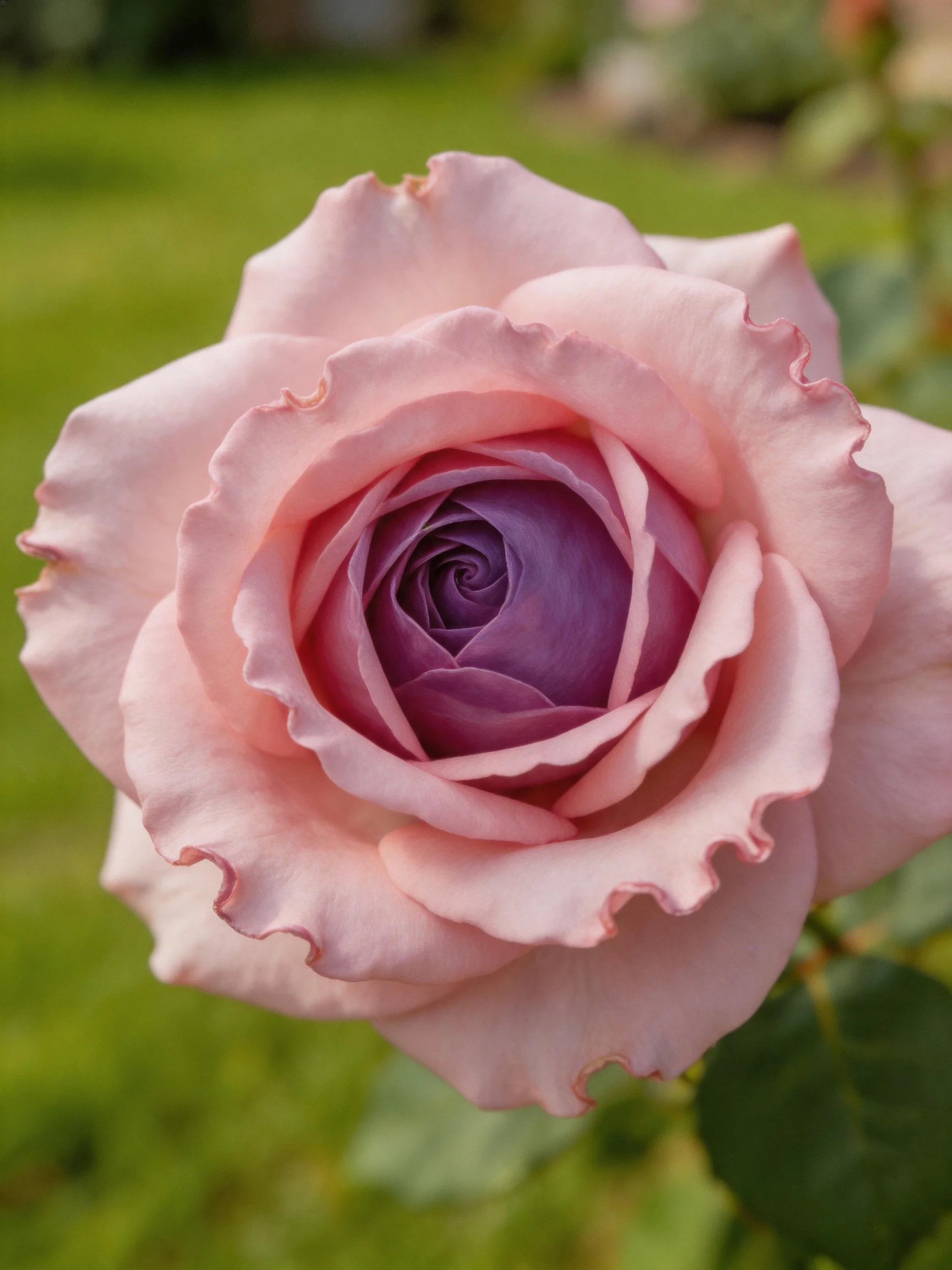 A pink and purple rose with layered petals in a garden