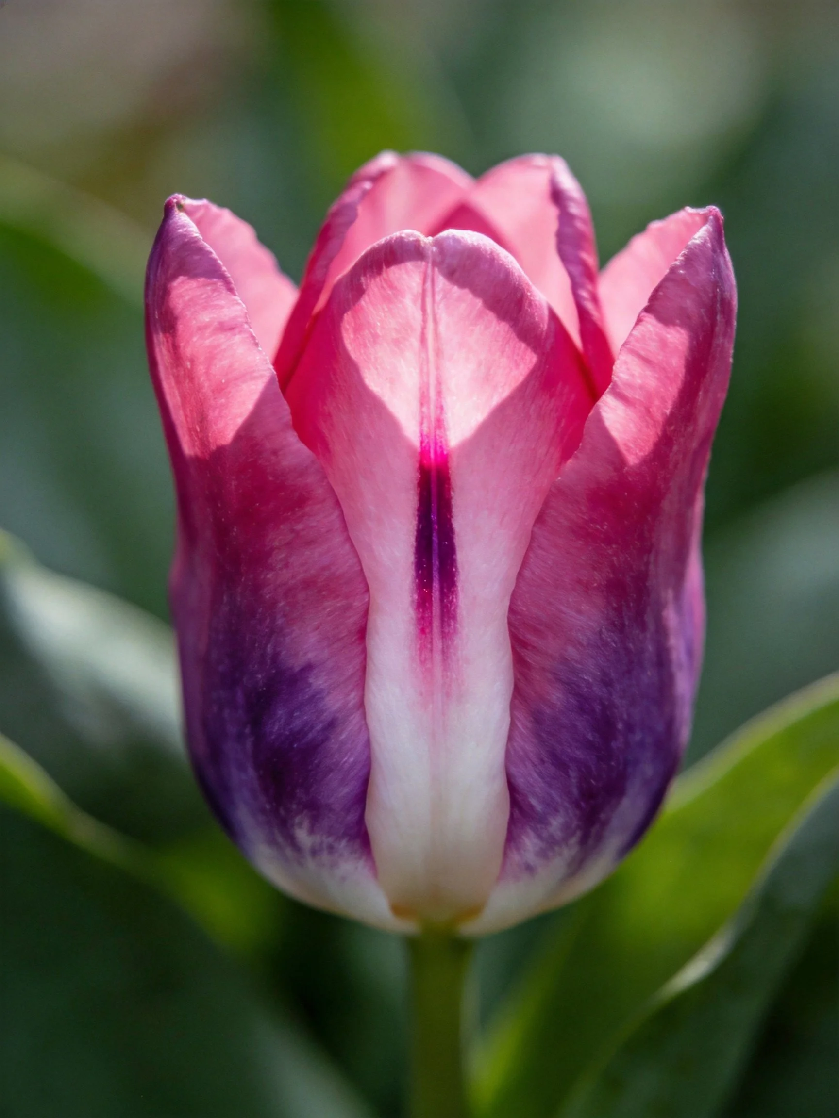 A pink and purple tulip bud with gradient petal colors