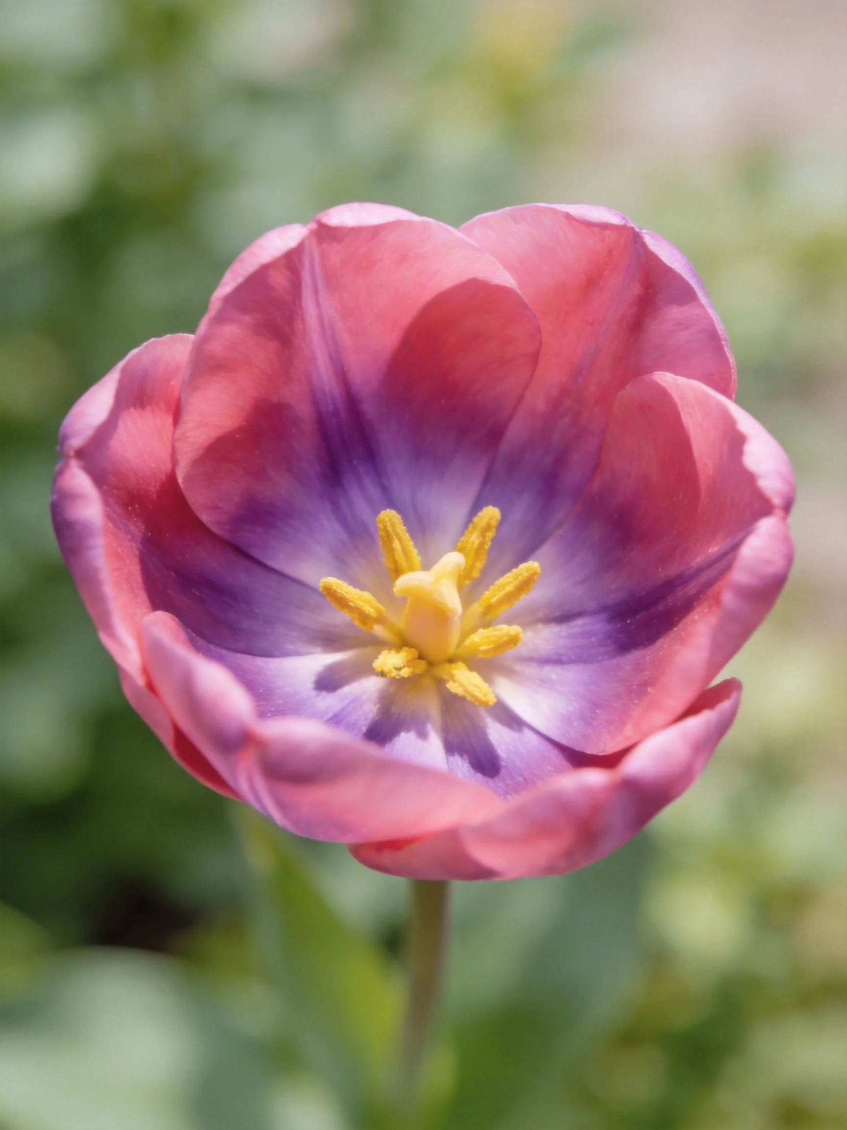 A pink and purple tulip with a golden center