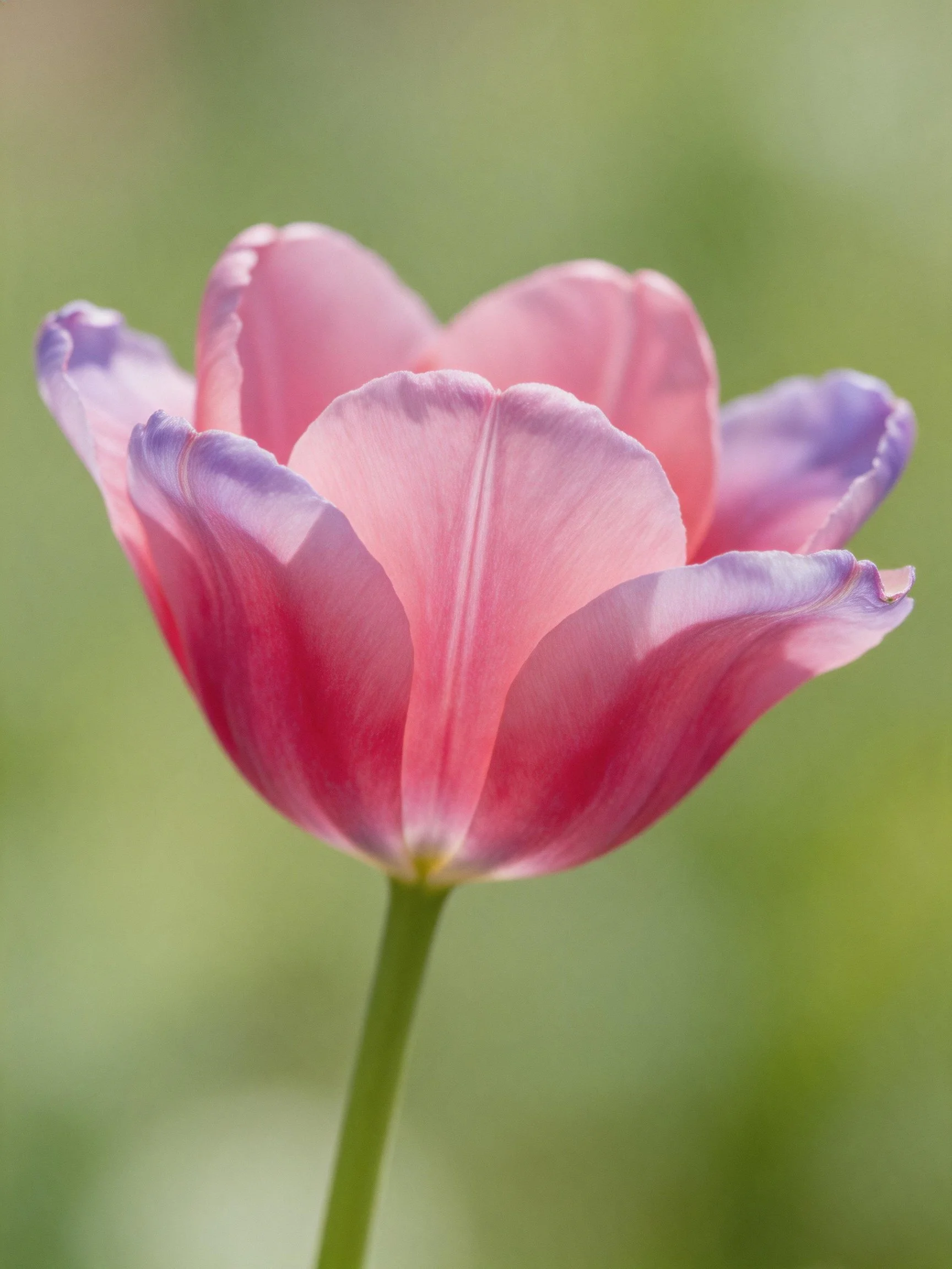 A pink and purple tulip with delicate petals and a green stem
