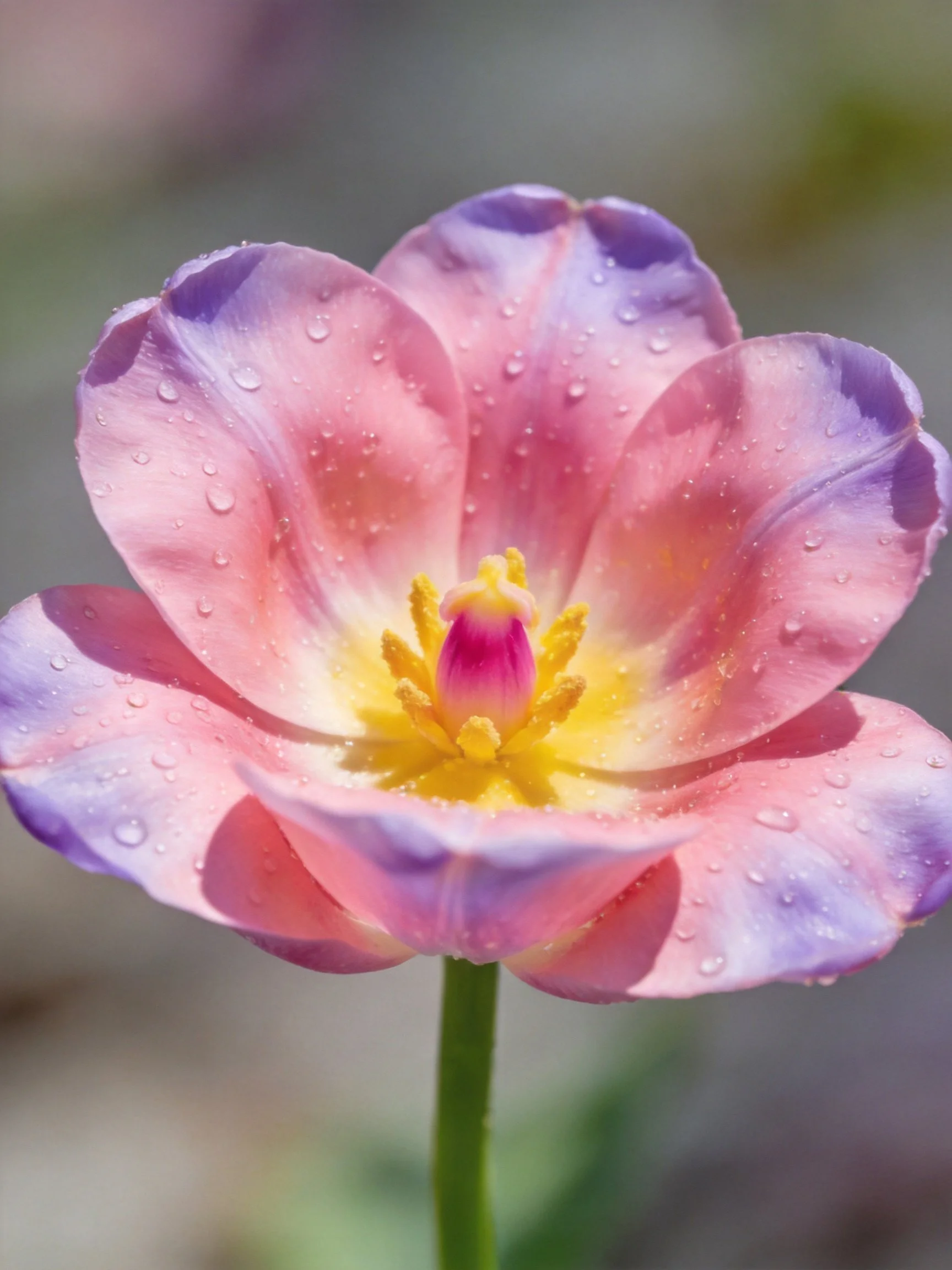 A pink and purple tulip with water droplets and yellow center