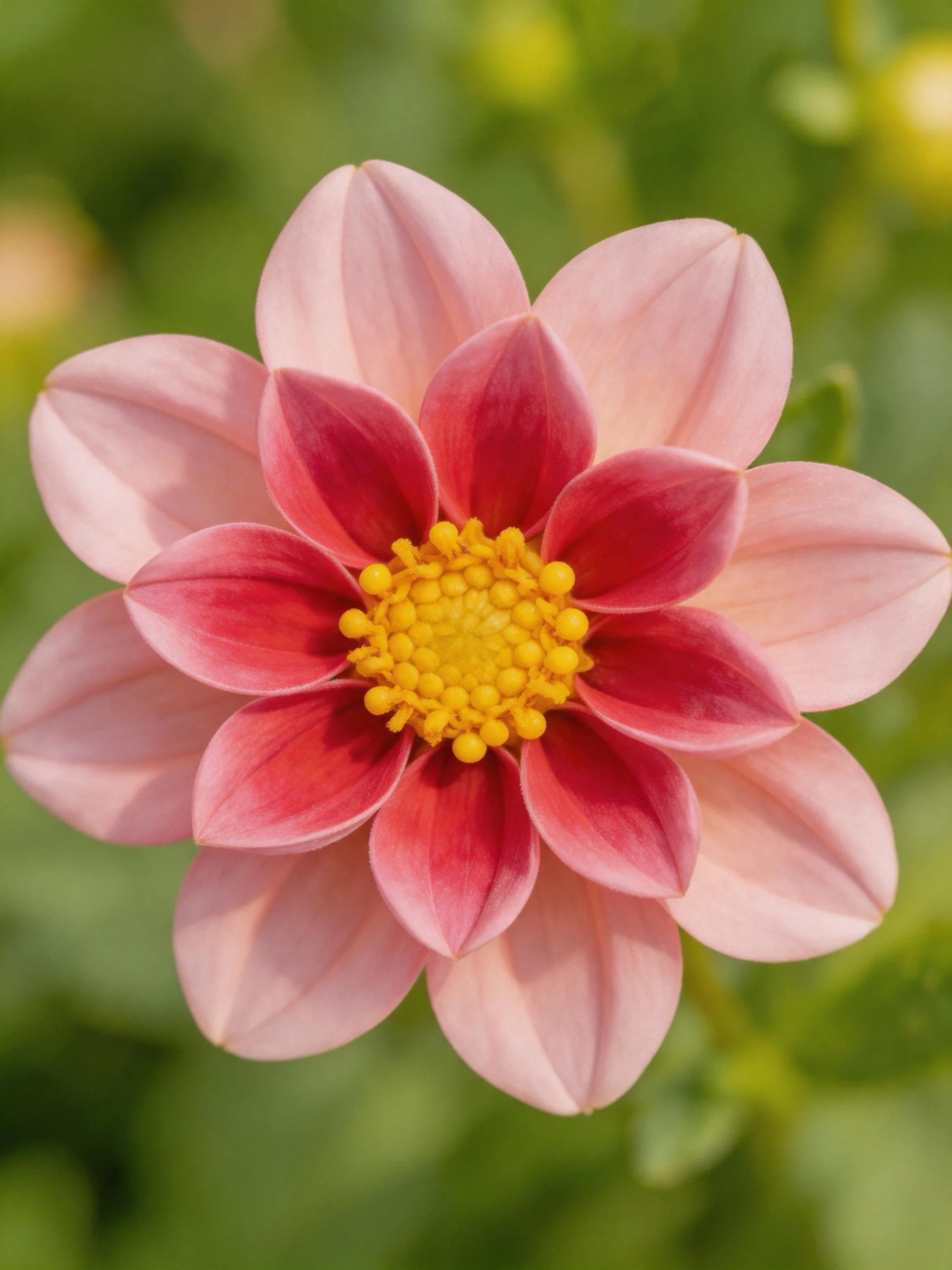 A pink and red dahlia with a bright yellow center