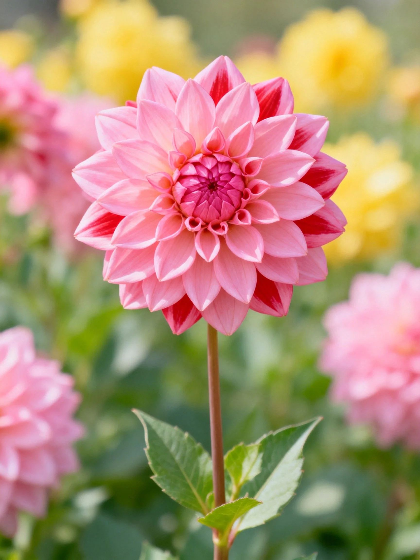 A pink and red dahlia with layered petals