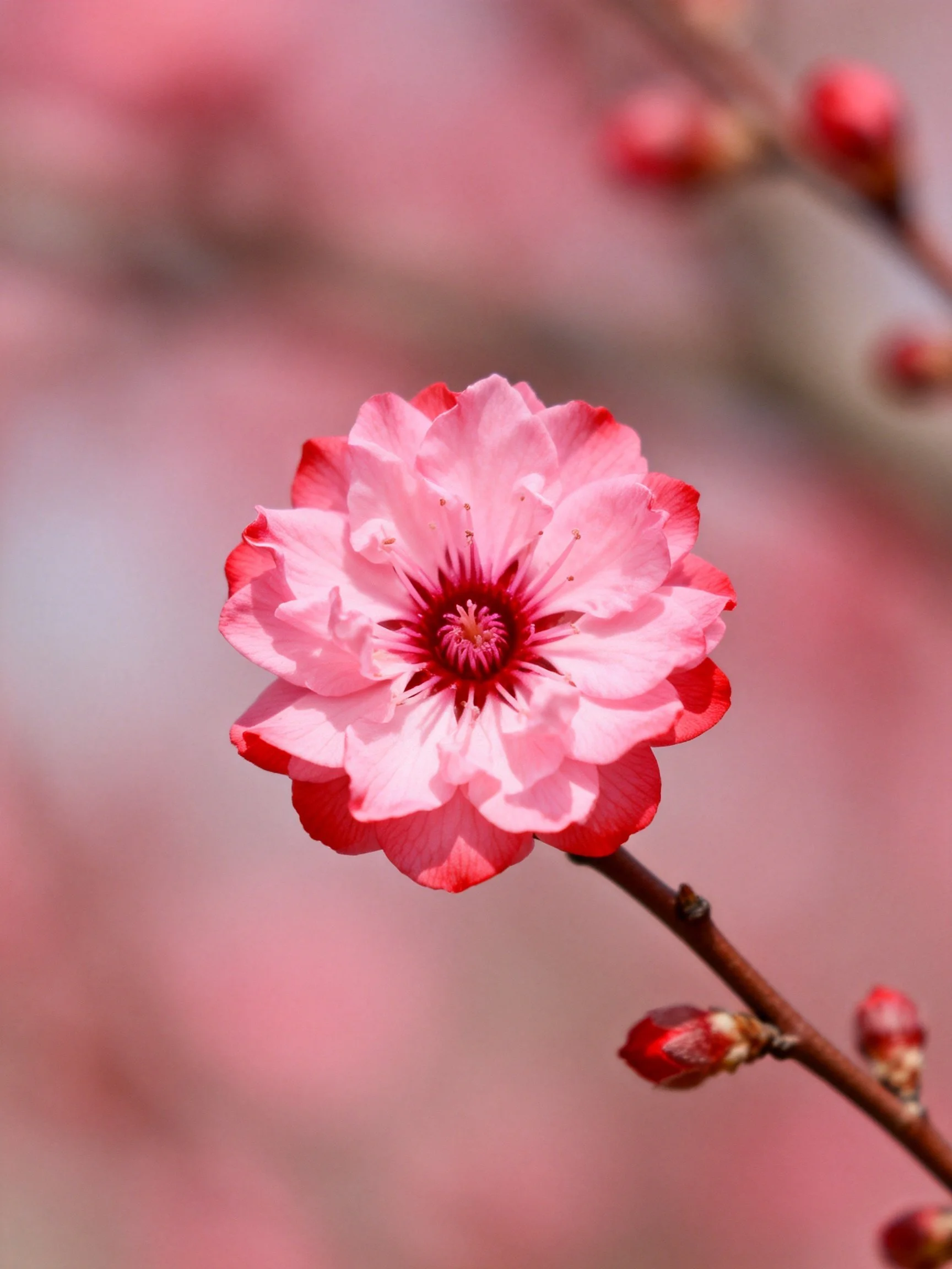 A pink and red flowering blossom with buds on a branch