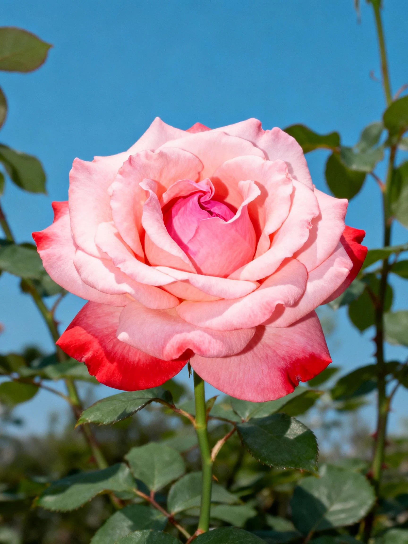 A pink and red rose blooms against a clear blue sky