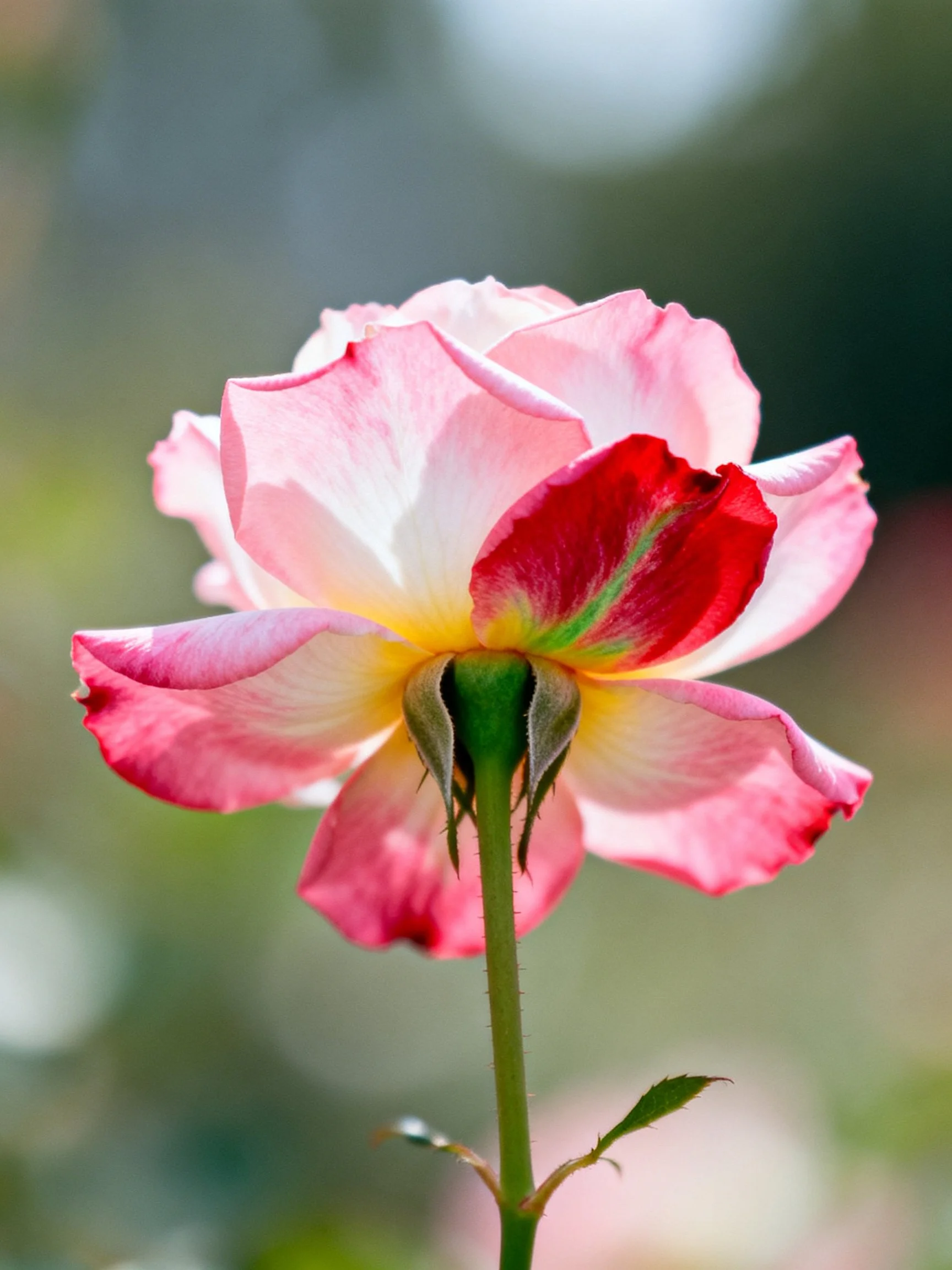 A pink and red rose with yellow center in bloom