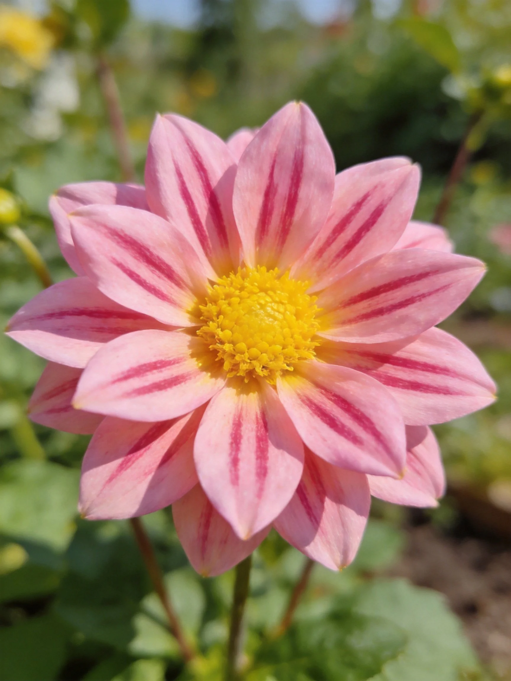 A pink and red striped flower with a yellow center