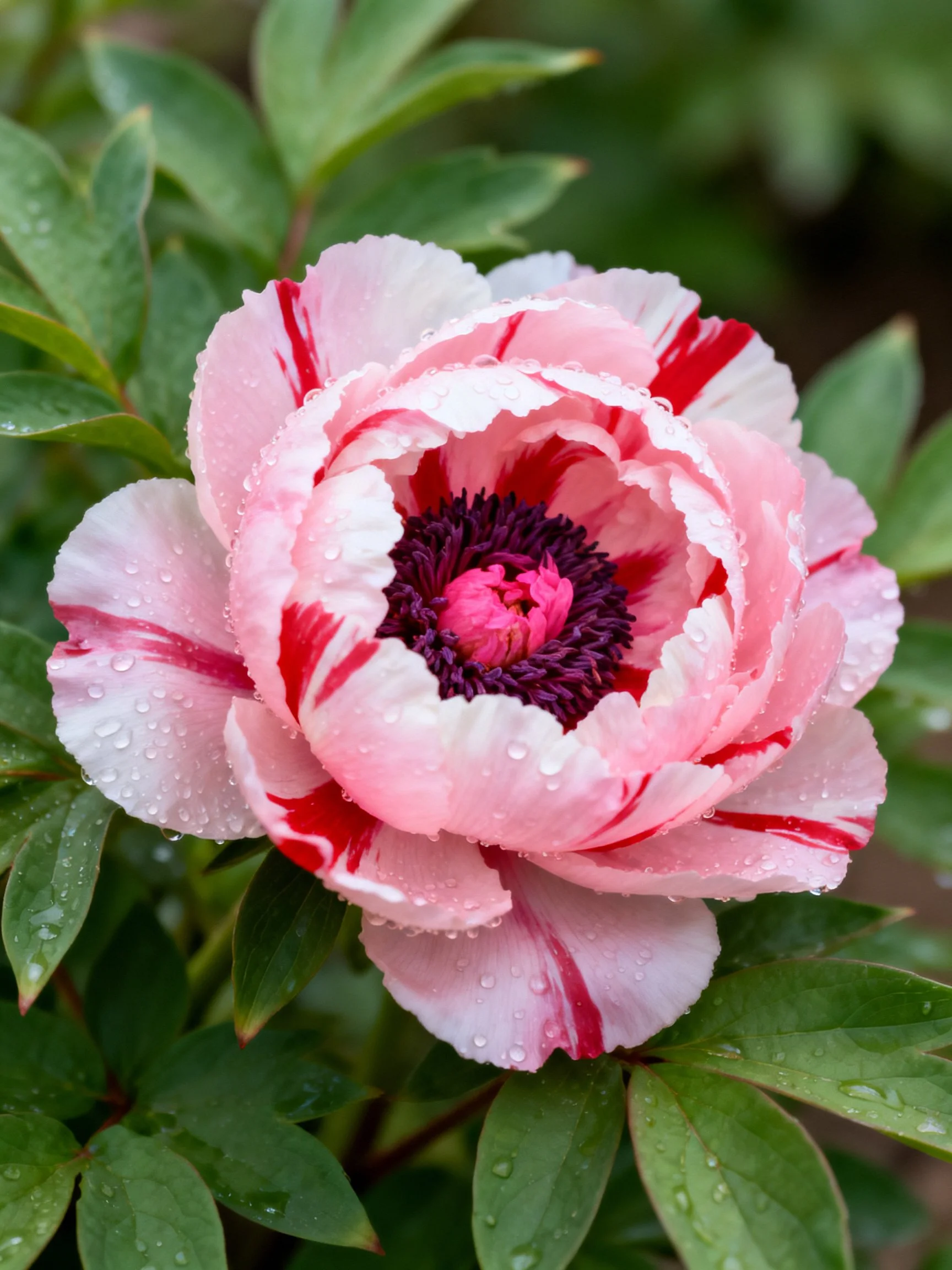 A pink and red variegated peony with water droplets