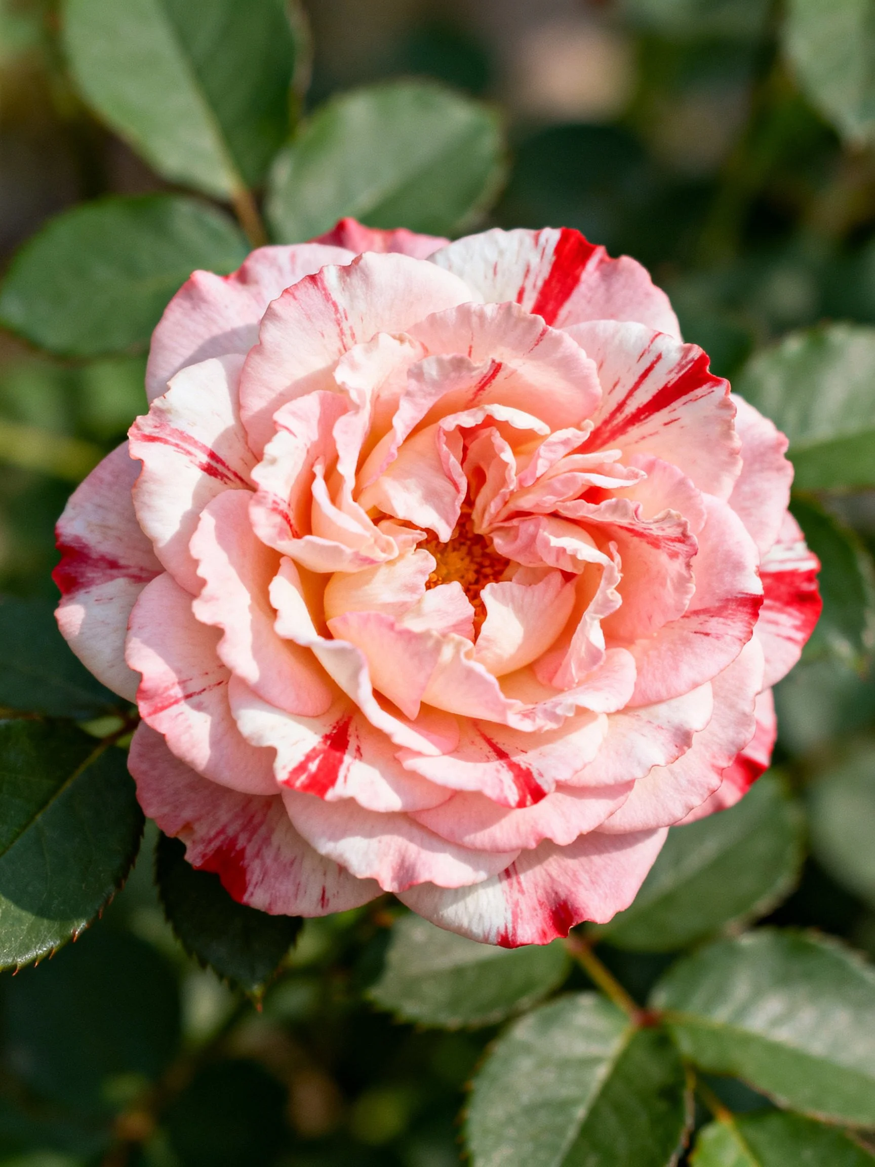 A pink and red variegated rose with layered petals