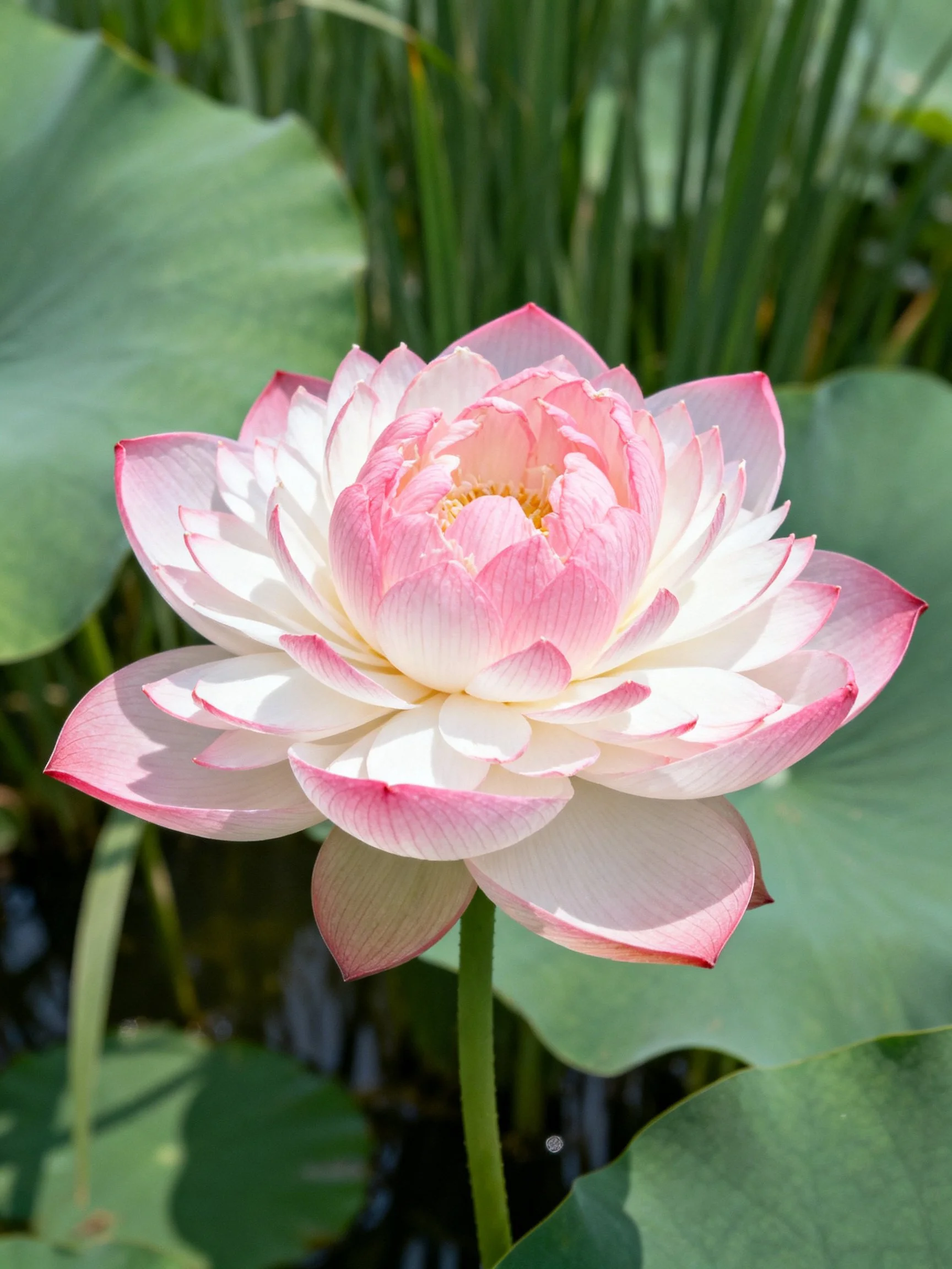 A pink and white blooming lotus amid large green lily pads