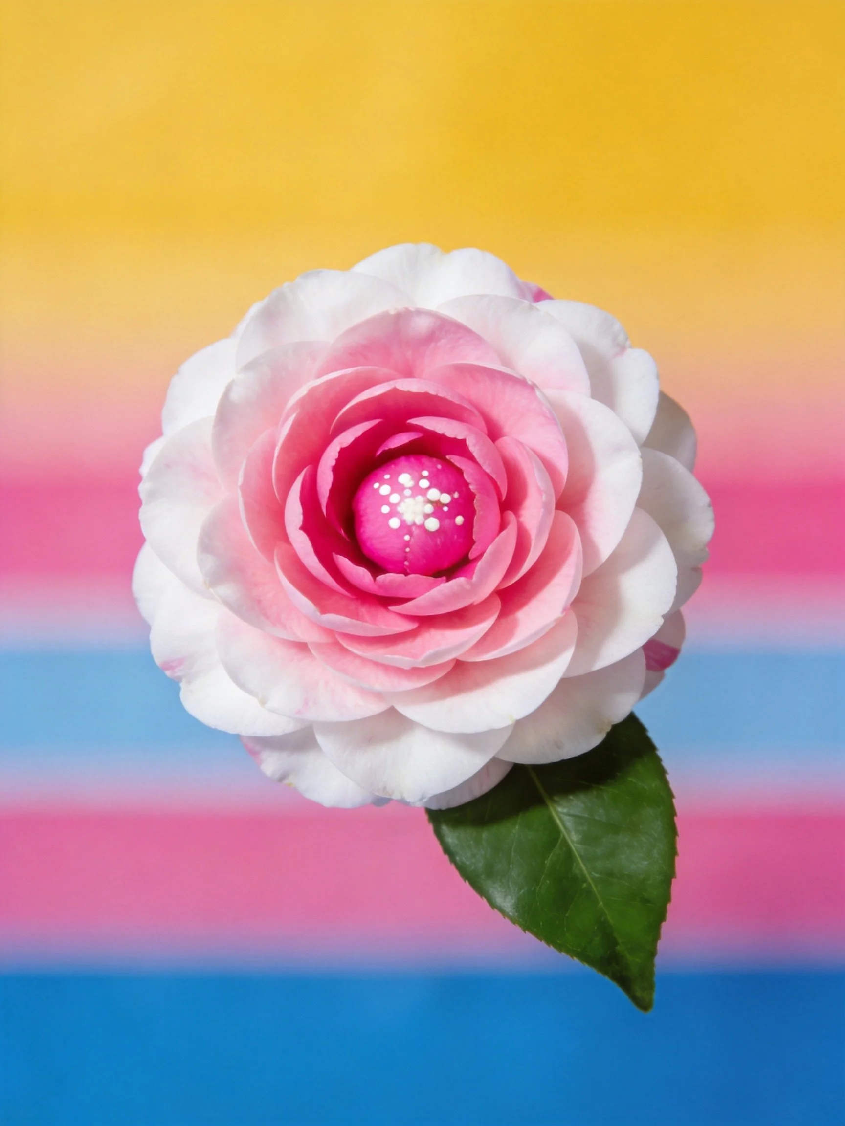 A pink and white camellia flower with green leaf against colored stripes
