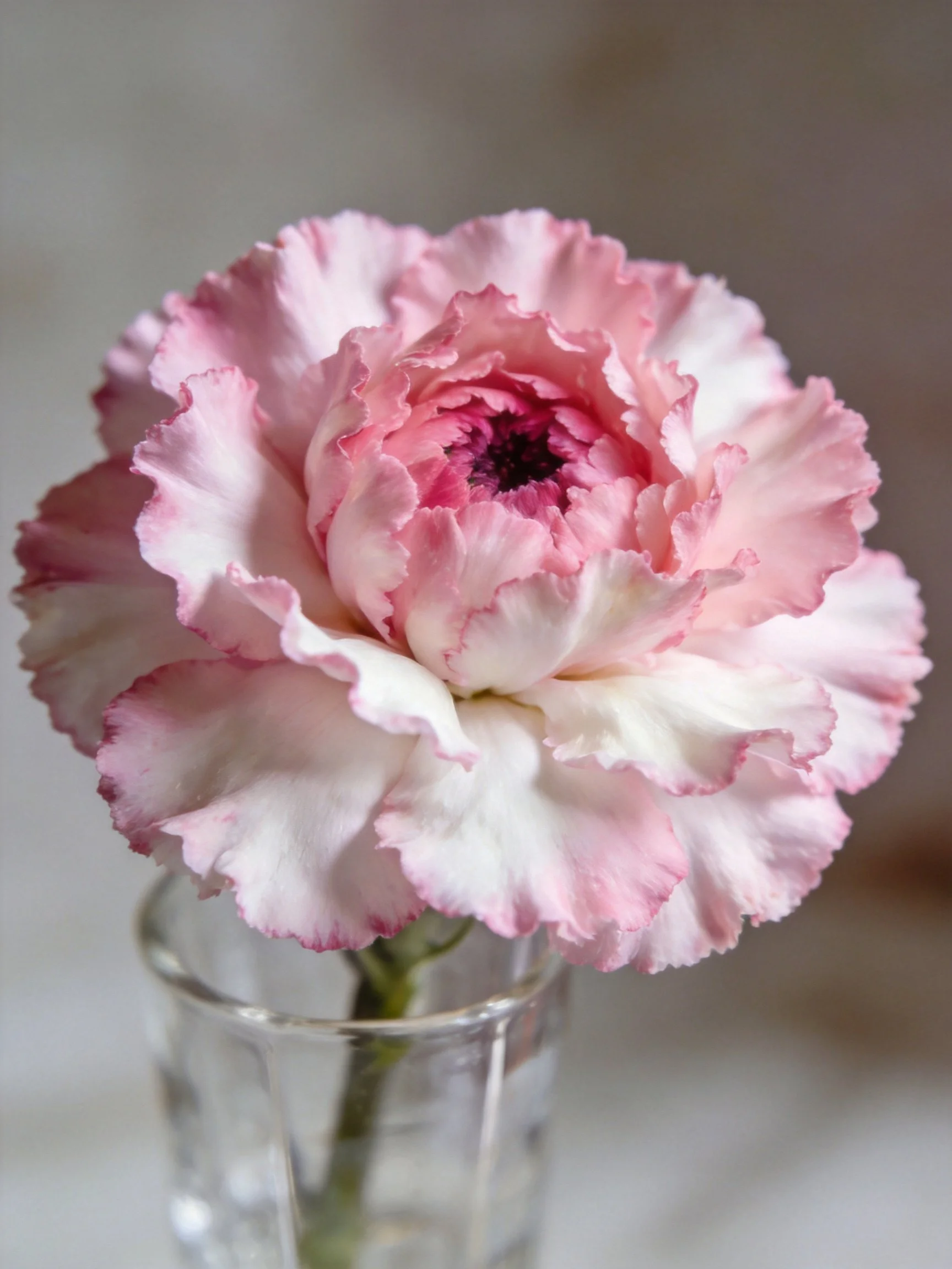 A pink and white carnation in a clear glass vase