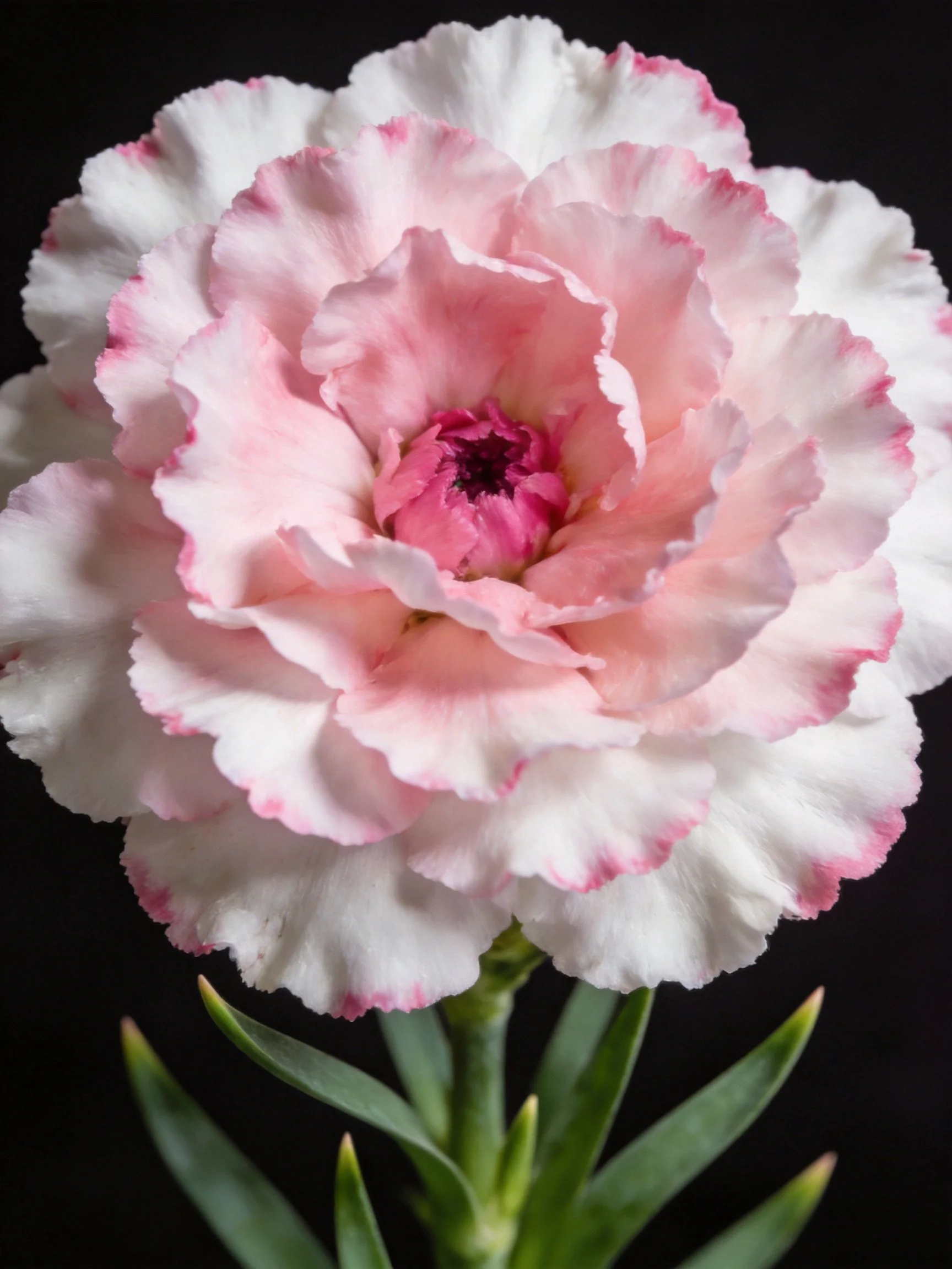 A pink and white carnation with layered petals on a black backdrop