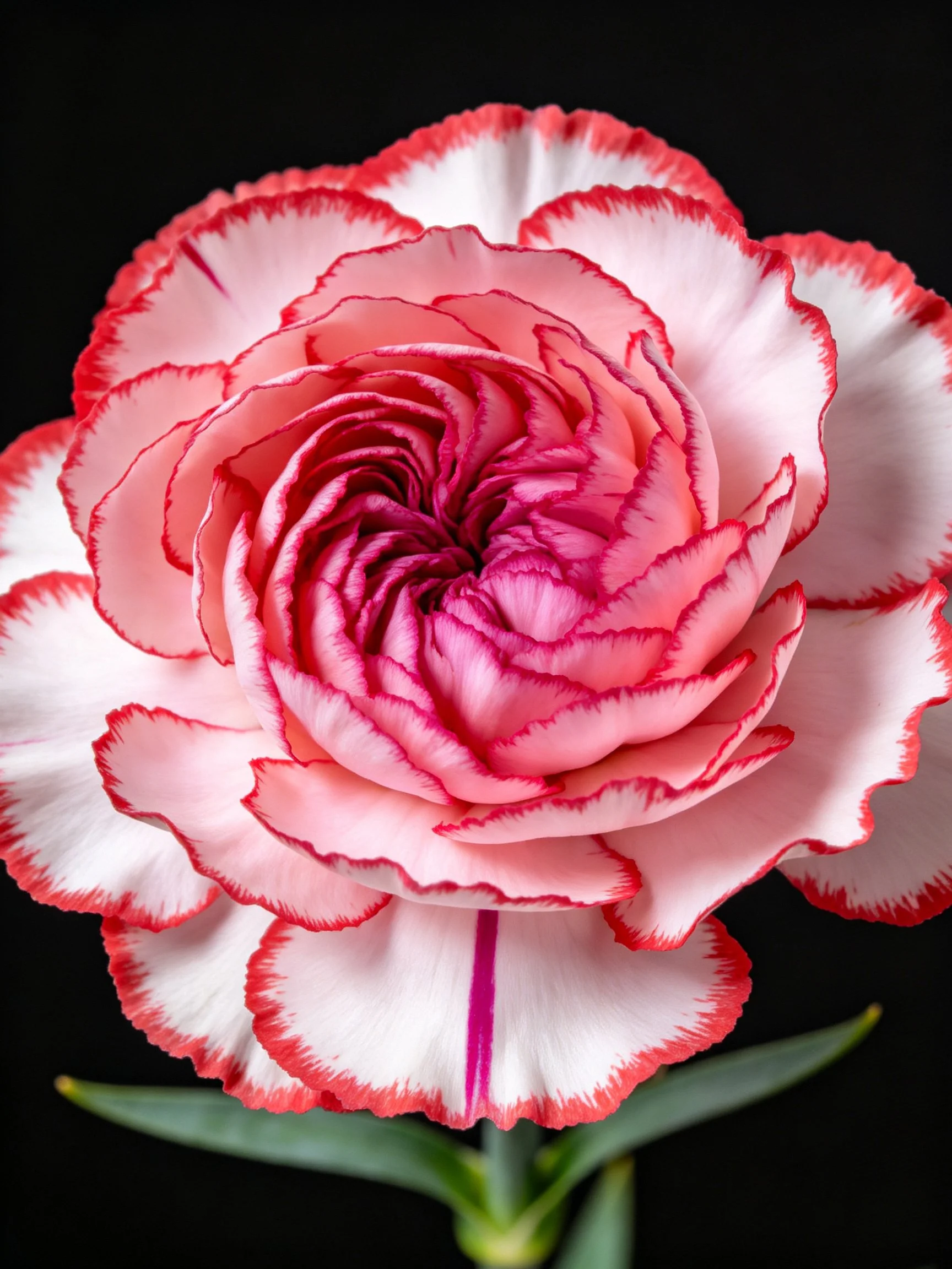 A pink and white carnation with red-edged petals