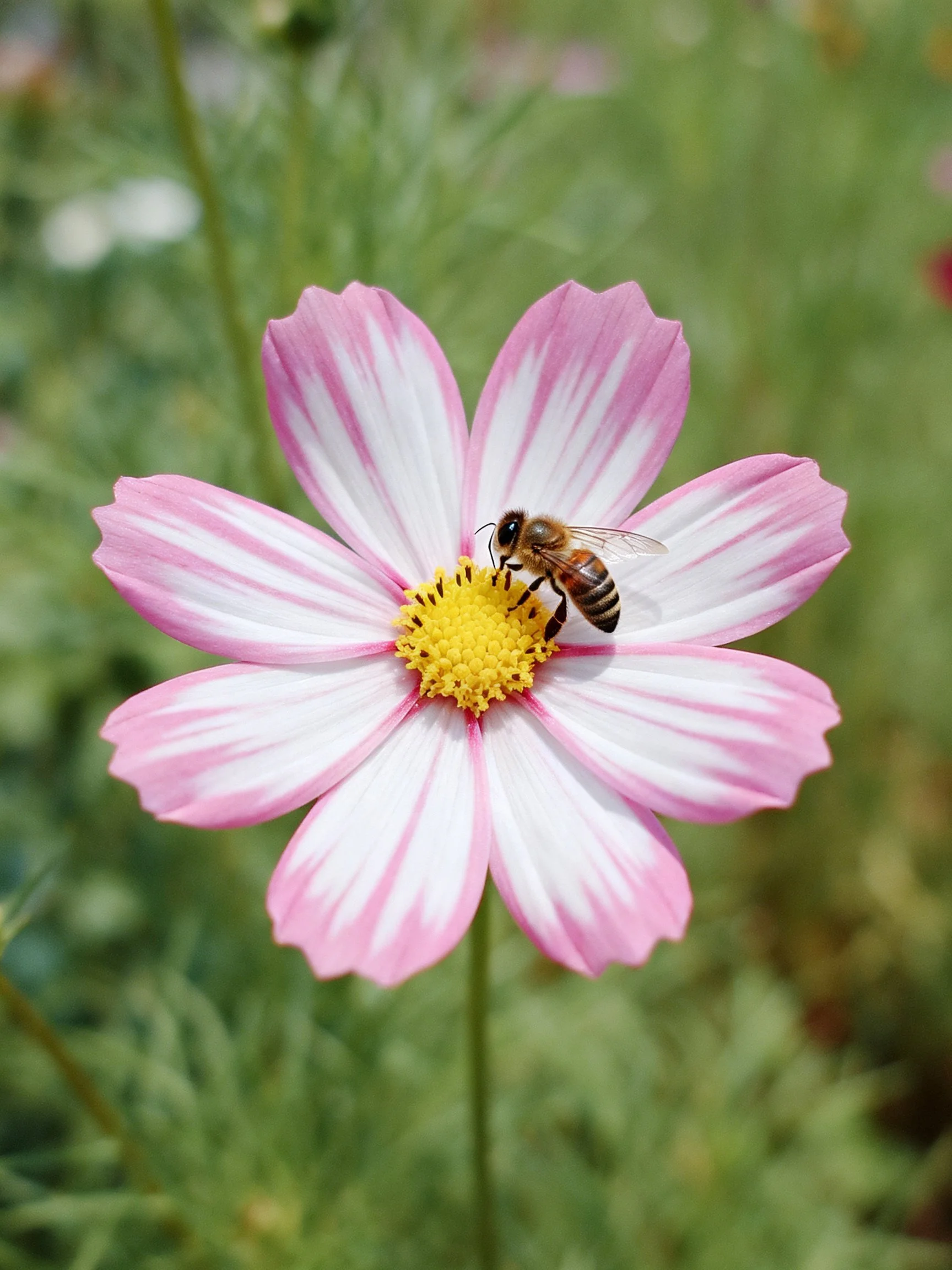 A pink and white cosmos flower with a honeybee gathering pollen
