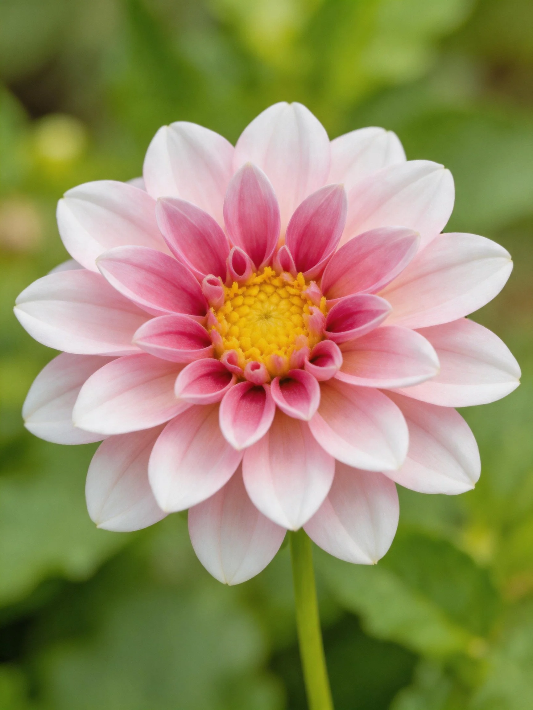 A pink and white dahlia with a bright yellow center