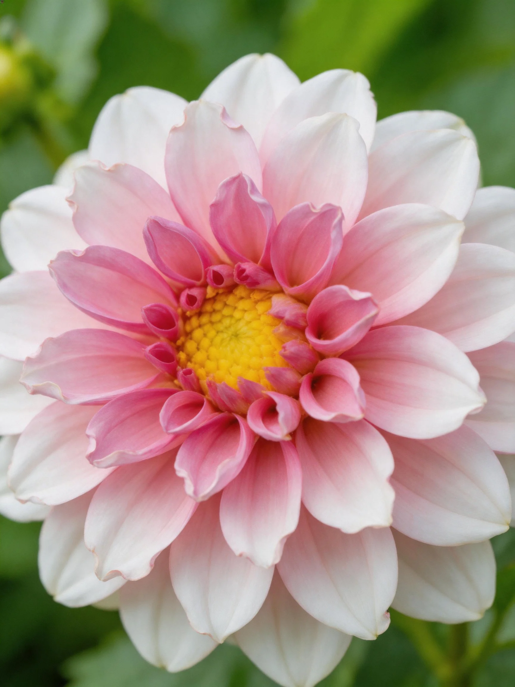 A pink and white dahlia with a bright yellow center