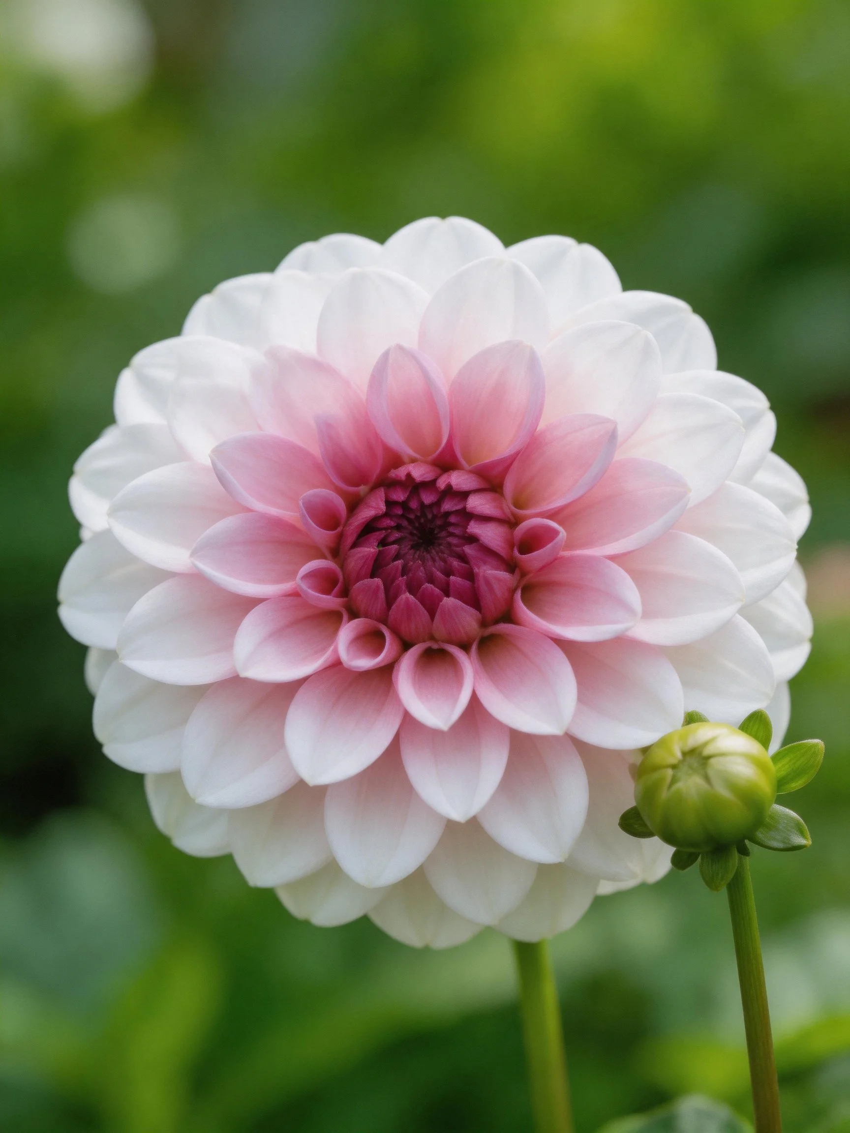A pink and white dahlia with a green bud in soft focus